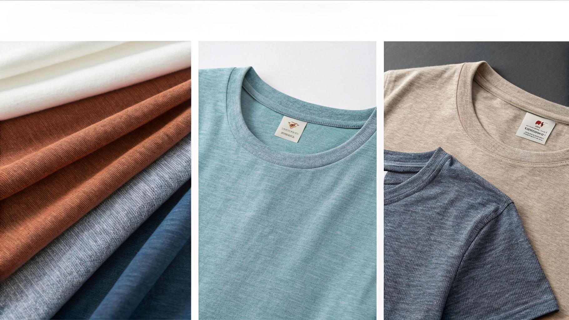  A side-by-side visual comparison of T-shirts made from carded cotton, combed cotton, organic cotton, and tri-blend. Each fabric is shown with close-up textures, labeled thread count or GSM tags, and price tags reflecting relative quality. Displayed on a quality-to-cost spectrum from basic to premium, the clean educational layout features soft lighting and realistic textile details to highlight differences in softness, durability, and value