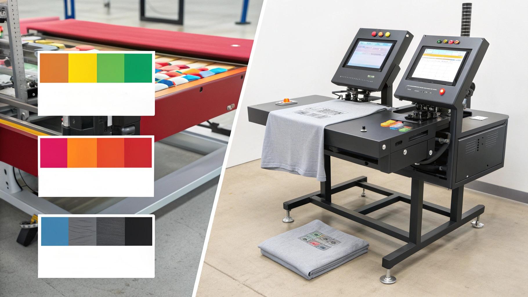 A side-by-side visual showing three T-shirt printing methods with labeled pricing implications. Left: a screen printing setup with multiple color screens marked “High Setup Cost – Low Unit Cost (Bulk).” Center: a DTG machine printing detailed artwork labeled “No Setup – High Ink Cost (Short Run).” Right: a heat transfer station applying a name label, marked “Custom Name – Moderate Cost.” Includes visible pricing tags, print samples, and production equipment under clear studio lighting in a professional comparison layout.