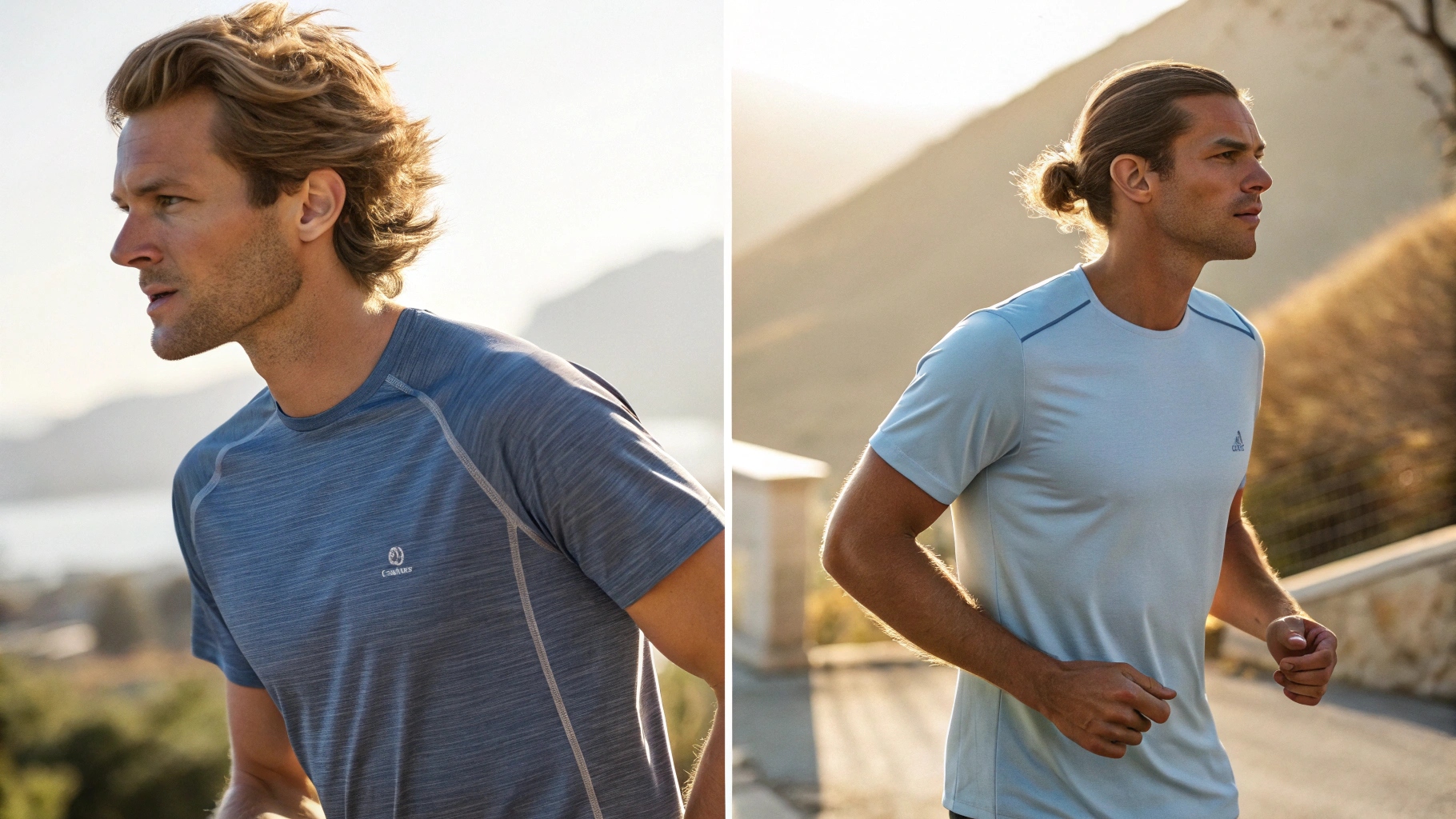 A split image showing two active individuals wearing T-shirts in a warm outdoor environment: one wearing a soft and breathable cotton T-shirt, appearing relaxed, and the other wearing a polyester performance T-shirt, designed for moisture-wicking and quick-drying, engaging in physical activity. The focus is on comfort, breathability, and movement, with a clear side-by-side comparison in an athletic setting. Soft natural lighting highlights the differing qualities of each fabric.