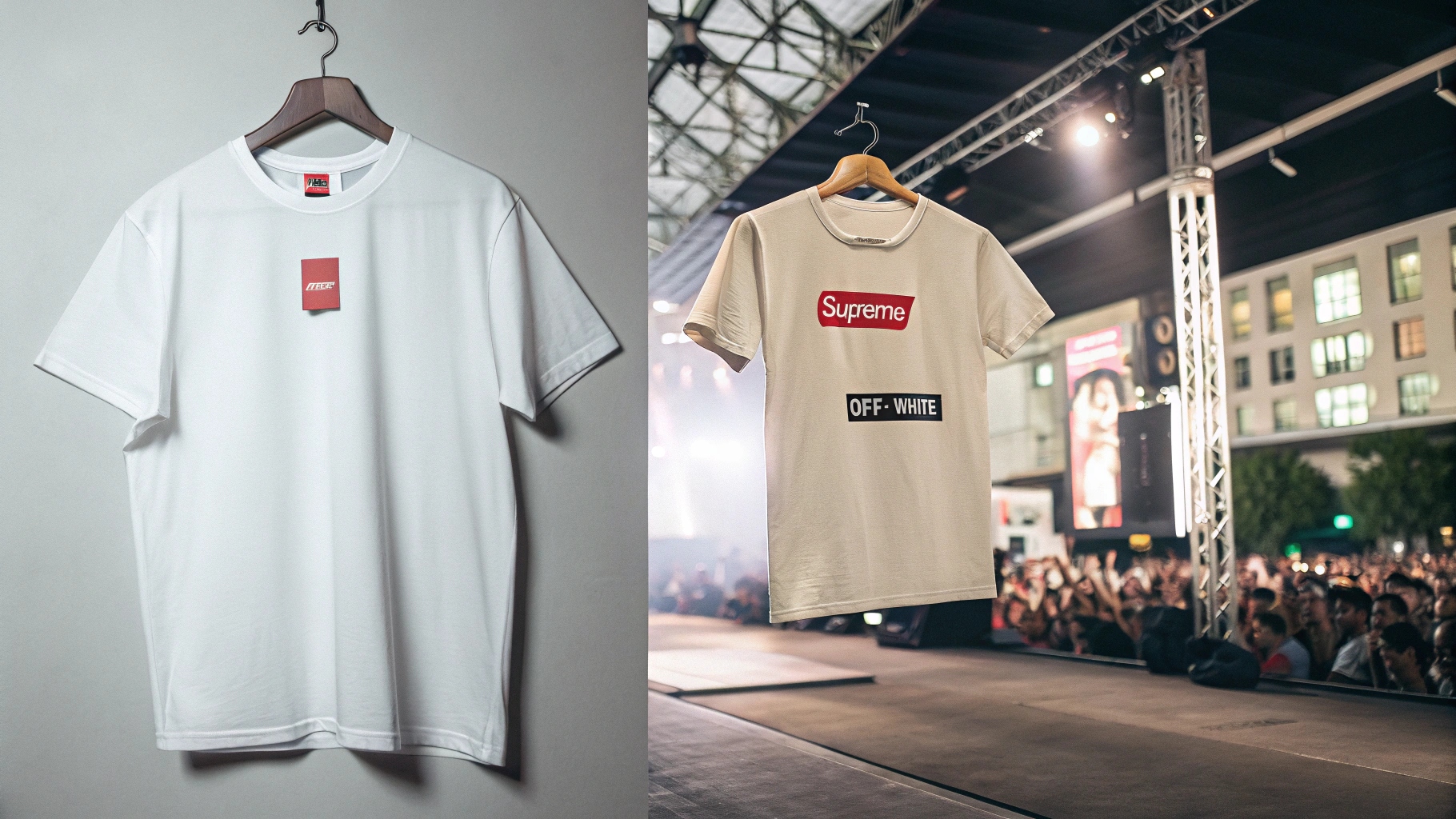 A split-scene visual comparing two T-shirts. Left: a blank tee made of high-quality fabric, shown with a realistic low production cost tag. Right: a designer branded T-shirt inspired by Supreme or Off-White, featuring a bold logo and luxury price tag. The background includes a hype crowd, a resale platform screenshot, and streetwear marketing posters. Studio lighting and an urban setting highlight the stark contrast between actual cost and perceived value