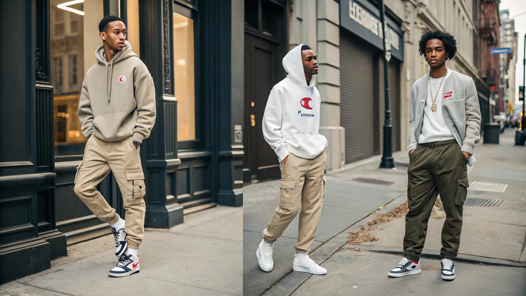 A street-style collage of fashion-forward individuals in iconic Champion pieces—a Reverse Weave crewneck with cargo pants, a Supreme x Champion hoodie with designer sneakers, and a Champion tee under a blazer—posing near SSENSE boutiques and minimalist cafés. Shot on an overcast day with muted city tones using a Sony A7R V and 50mm f/1.2 lens, the image highlights Champion’s blend of accessible quality and high-low fashion appeal with crisp details and subdued contrast.