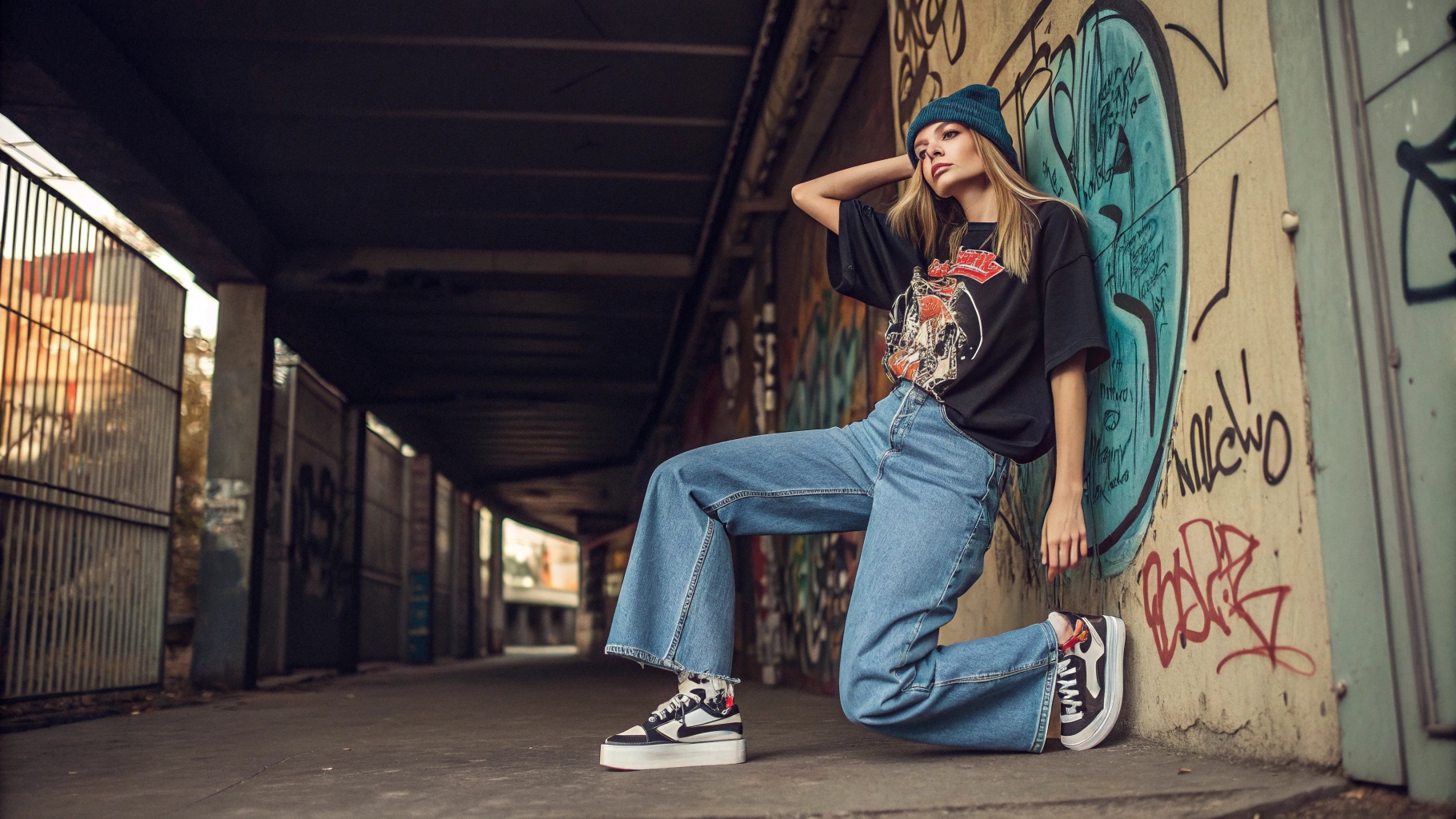 A bold 90s throwback outfit with a baggy vintage band tee, wide-leg jeans, beanie, and chunky sneakers—posed in a graffiti alley for true urban streetwear vibes.