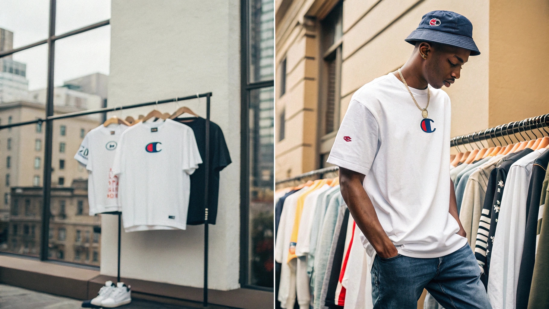 A stylish collage showcasing the revival of Champion T-shirts. One side highlights 90s-inspired vintage looks with boxy fits and retro Champion logos, while the other side features high-end streetwear collaborations such as with Supreme or Vetements, modeled in urban settings. The background includes retail store racks from places like Urban Outfitters, underscoring the brand's blend of affordability and trend-driven appeal.