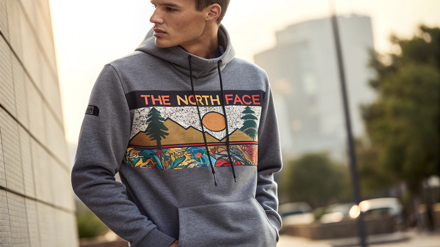 A stylish display of The North Face hoodie with custom prints, logos, or designs, showcasing screen printing and embroidery techniques. The focus is on personalized color choices to create unique shades or match brand palettes. The hoodie’s suitability for corporate branding, team uniforms, or promotional giveaways is emphasized. Set in a dynamic outdoor or urban environment with soft natural lighting, captured in a fashion editorial style