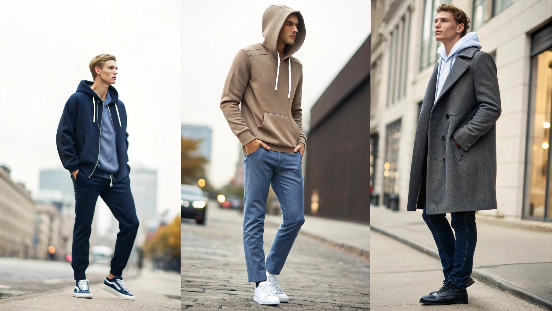A stylish streetwear scene showcasing three different hoodie fits. A slim-fit hoodie worn by a model with a tailored silhouette, paired with sleek trousers for a sharp look. A regular-fit hoodie on another model, offering comfort and balance, worn with casual jeans and sneakers. An oversized hoodie on a third model, relaxed and trendy, paired with loose pants and layered with a jacket for a street fashion vibe. A side-by-side comparison shows measurements like chest width and sleeve length, highlighting fit and style preferences. The urban background with soft, natural lighting emphasizes different body types and layering styles