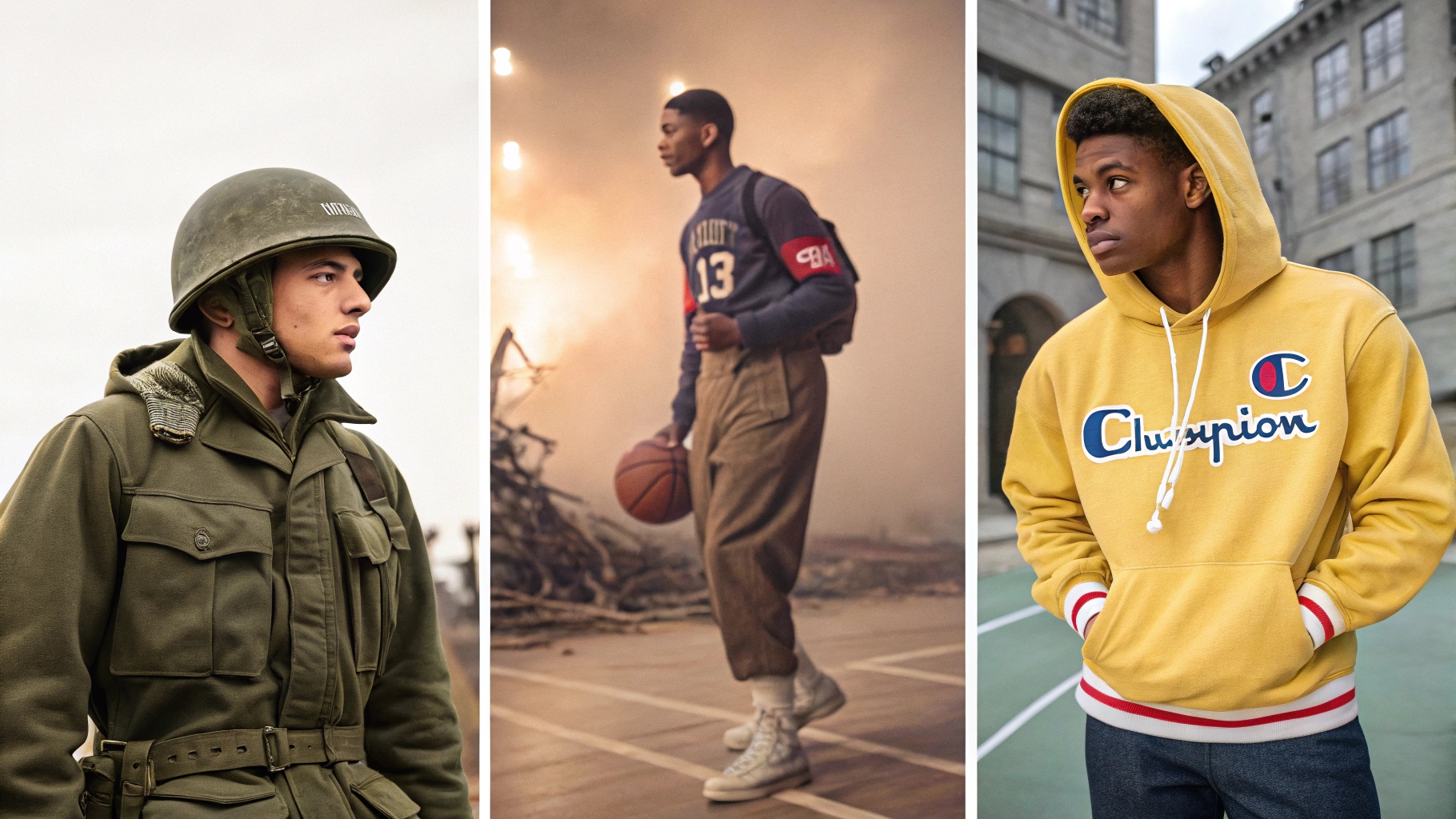 A vintage-inspired composite image tracing the evolution of Champion apparel: a 1940s soldier in a rugged Champion sweatshirt, 1980s high school athletes in team gear, and a modern streetwear look with an oversized Reverse Weave hoodie. Set in historically accurate environments, the image transitions from sepia tones to vibrant daylight, captured with a Nikon D850 and 50mm f/1.8 lens, emphasizing high realism and rich texture.