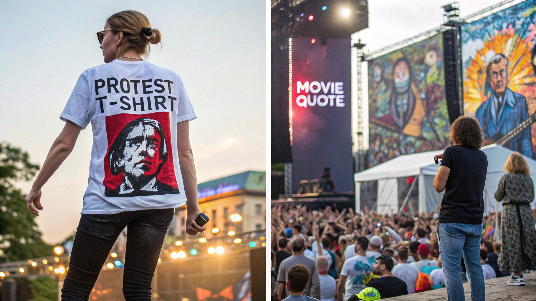 A visual collage-style image of individuals wearing expressive graphic T-shirts: one displays a bold political protest slogan at a demonstration, another features an iconic movie quote at a music festival, and a third showcases modern digital artwork in an art gallery. Each person is placed in a culturally rich setting, with vibrant colors, high contrast visuals, and a streetwear editorial vibe. The image combines full-body shots from mixed angles to highlight diversity in expression and context.