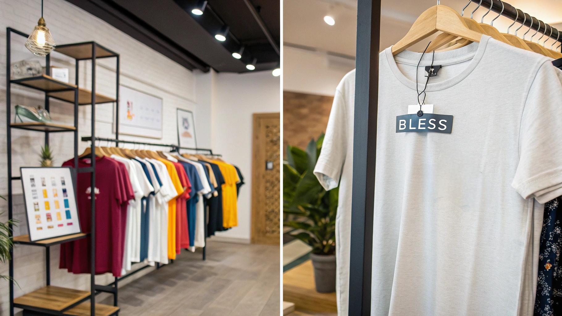 A visual comparison between expensive branded T-shirts and affordable custom alternatives. Left: high-priced retail shirts hang on boutique racks with flashy logos and marked-up price tags. Right: a modern studio offers Bless-style services—custom tees being printed, embroidered, labeled, and eco-packaged with signs like “Low MOQ – 1 Piece Available.” Startup designers and small business owners interact with samples in a vibrant, accessible workspace. Clear pricing indicators highlight the contrast in value and flexibility.