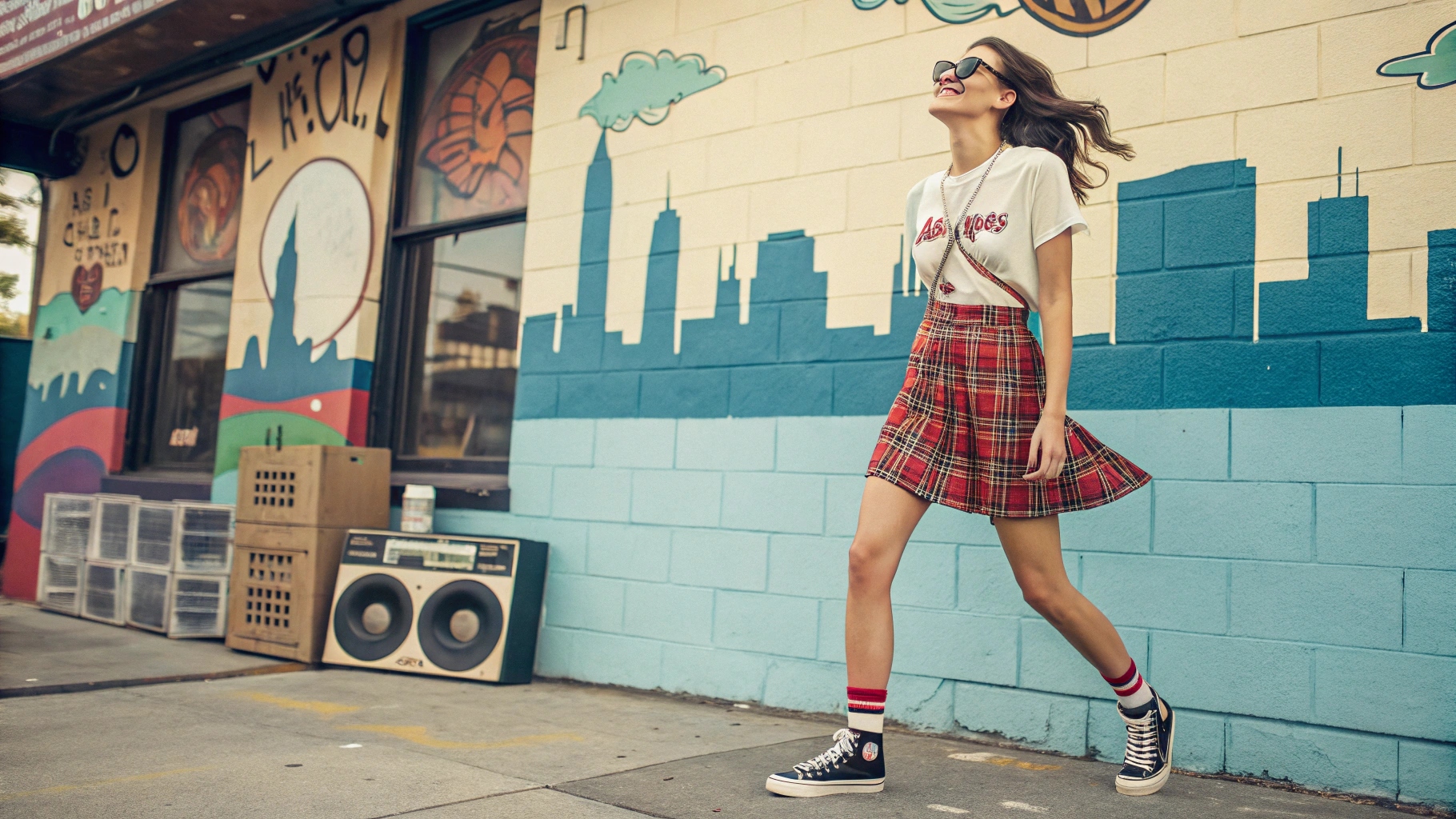 A fun 90s-inspired look with a vintage band tee tucked into a plaid mini skirt—styled with retro sneakers and sunglasses in front of a mural or record store.