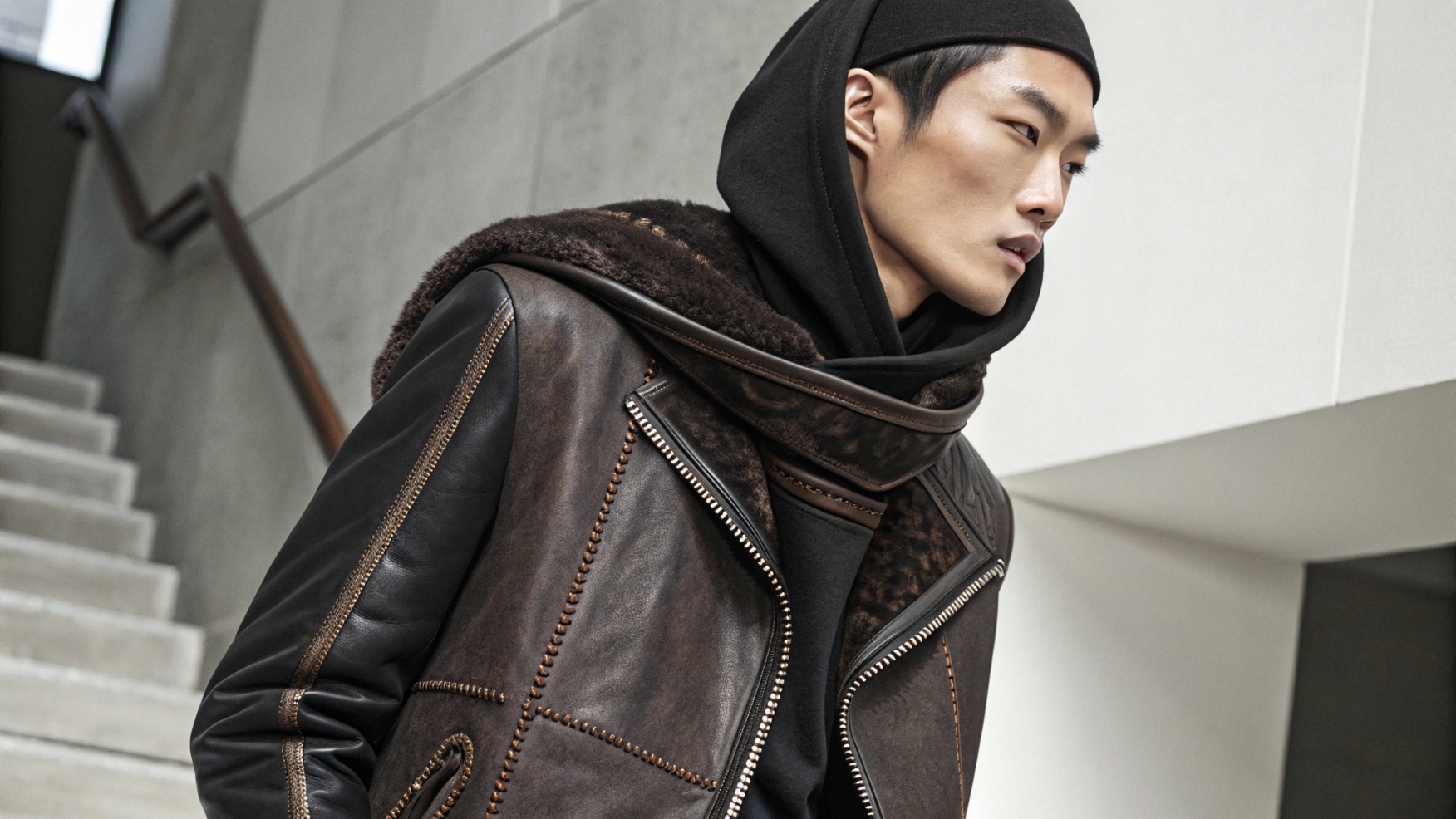 East Asian model wearing a Rick Owens-inspired outfit made from luxurious leathers, fine wool, and custom fabrics. Close-up details highlight intricate stitching and fabric placement, emphasizing the premium quality, longevity, and durability of the garment. Set in a stylish, minimalistic setting.