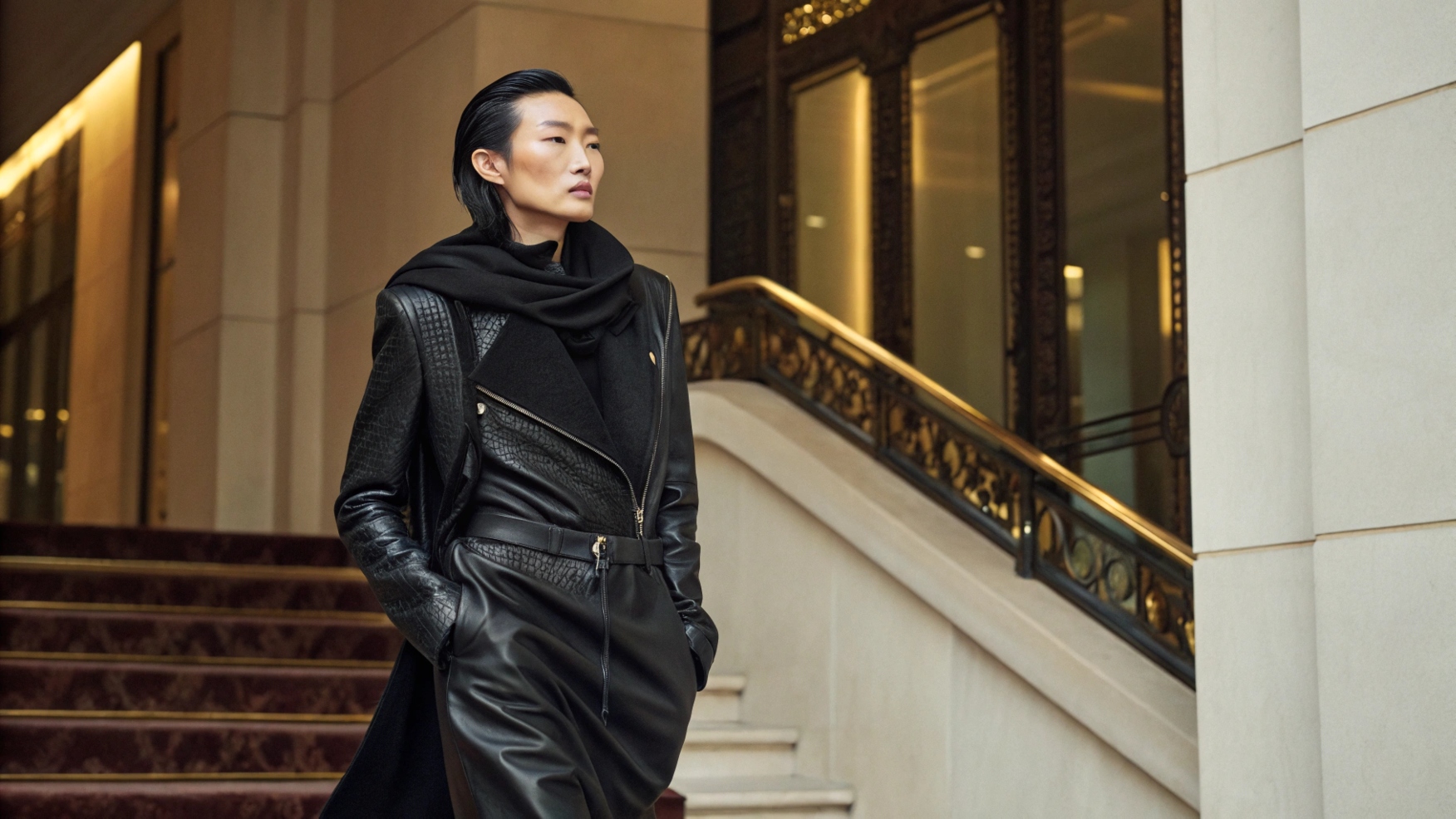 East Asian model wearing a Rick Owens outfit, showcasing the brand's bold and unique design in a luxury setting. Highlighting the limited-edition nature of the collection and subtle nods to celebrity endorsements, emphasizing Rick Owens' exclusivity, legacy, and high-fashion appeal.
