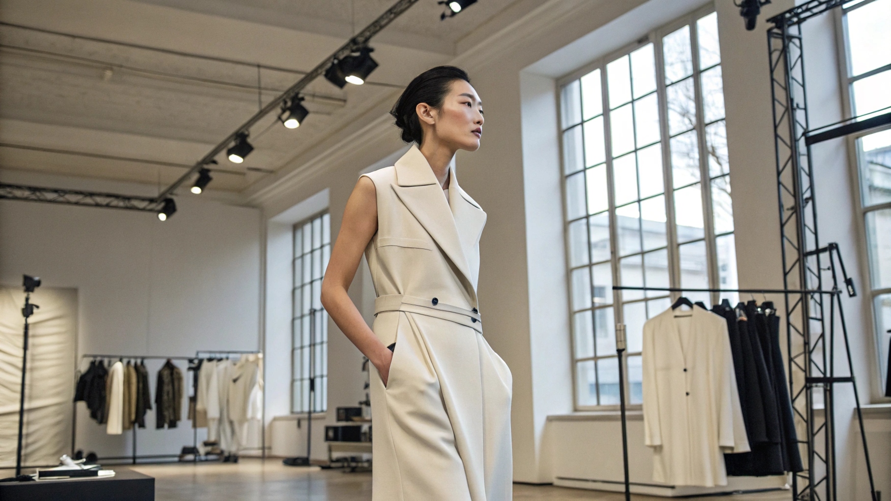 East Asian model wearing a Rick Owens-inspired avant-garde outfit, featuring deconstructed pieces, dark gothic influences, and unconventional proportions. Set in a high-fashion urban setting, blending edgy, high-fashion elements with streetwear for a unique, luxurious look.