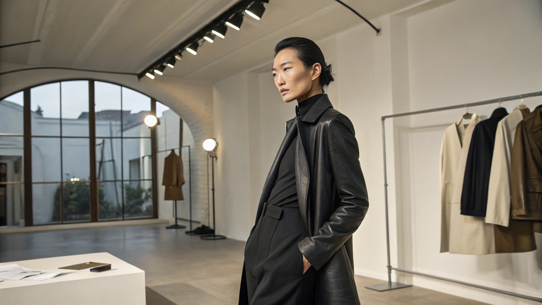 East Asian model wearing a Rick Owens piece, set in a luxurious, minimalistic fashion studio. Highlighting the handcrafted, small-batch production process with attention to detail, sustainable materials, and ethical labor practices, emphasizing the exclusivity and high production costs of Rick Owens’ designs.