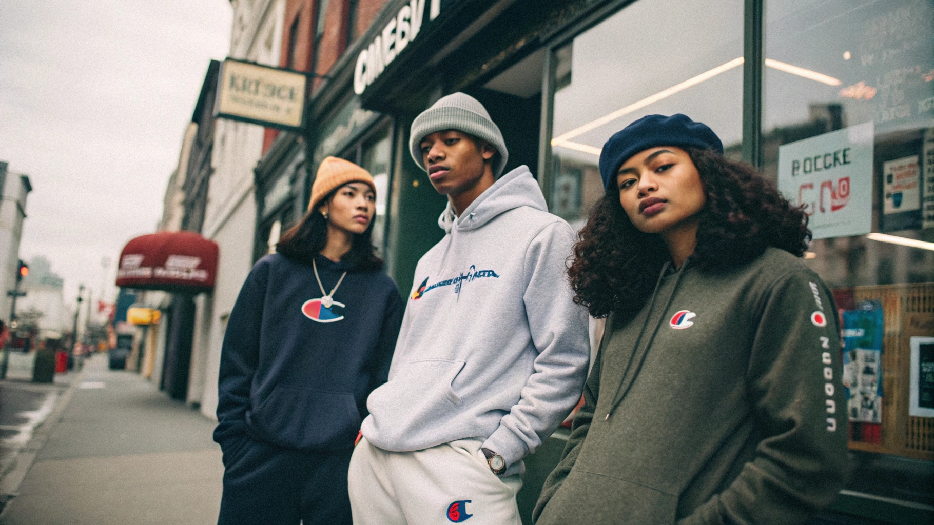 An editorial street-style image of young adults in retro-inspired Champion apparel—90s logo sweatshirts, relaxed joggers, and beanies—posing in front of Urban Outfitters and SSENSE storefronts. Surrounded by posters from vintage and modern Champion campaigns, the scene is shot on a cloudy afternoon with diffused light using a Fujifilm X-T5 and 35mm f/1.4 lens, featuring nostalgic color tones and soft textures.