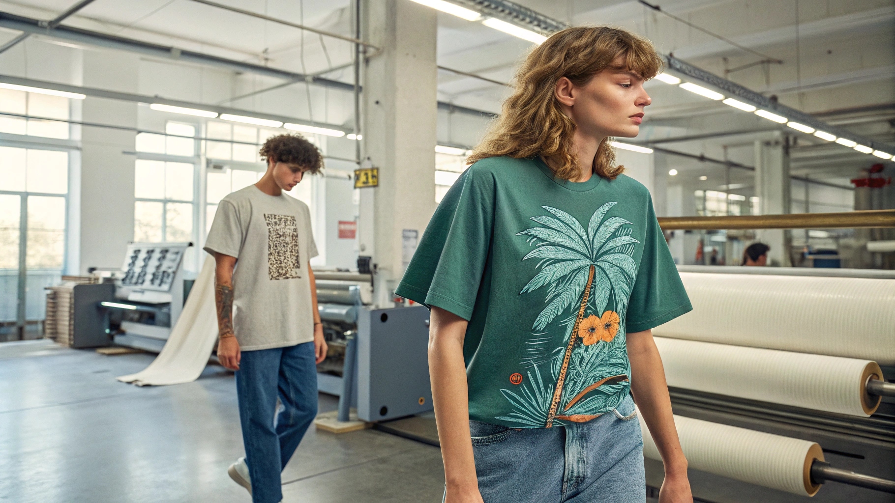  Illustration of a modern design studio where custom T-shirts are created. One model is wearing an oversized T-shirt reflecting the relaxed fit trend of 2025. Another model showcases a T-shirt made from sustainable fabric, emphasizing eco-friendly fashion. The third model wears a custom graphic design T-shirt, highlighting personalized prints and unique design. The background features fabric rolls, printing equipment, and custom tags, showcasing the flexibility and private labeling services offered by Bless Denim. The creative workspace is filled with bright, natural lighting, emphasizing the versatility of custom T-shirt designs