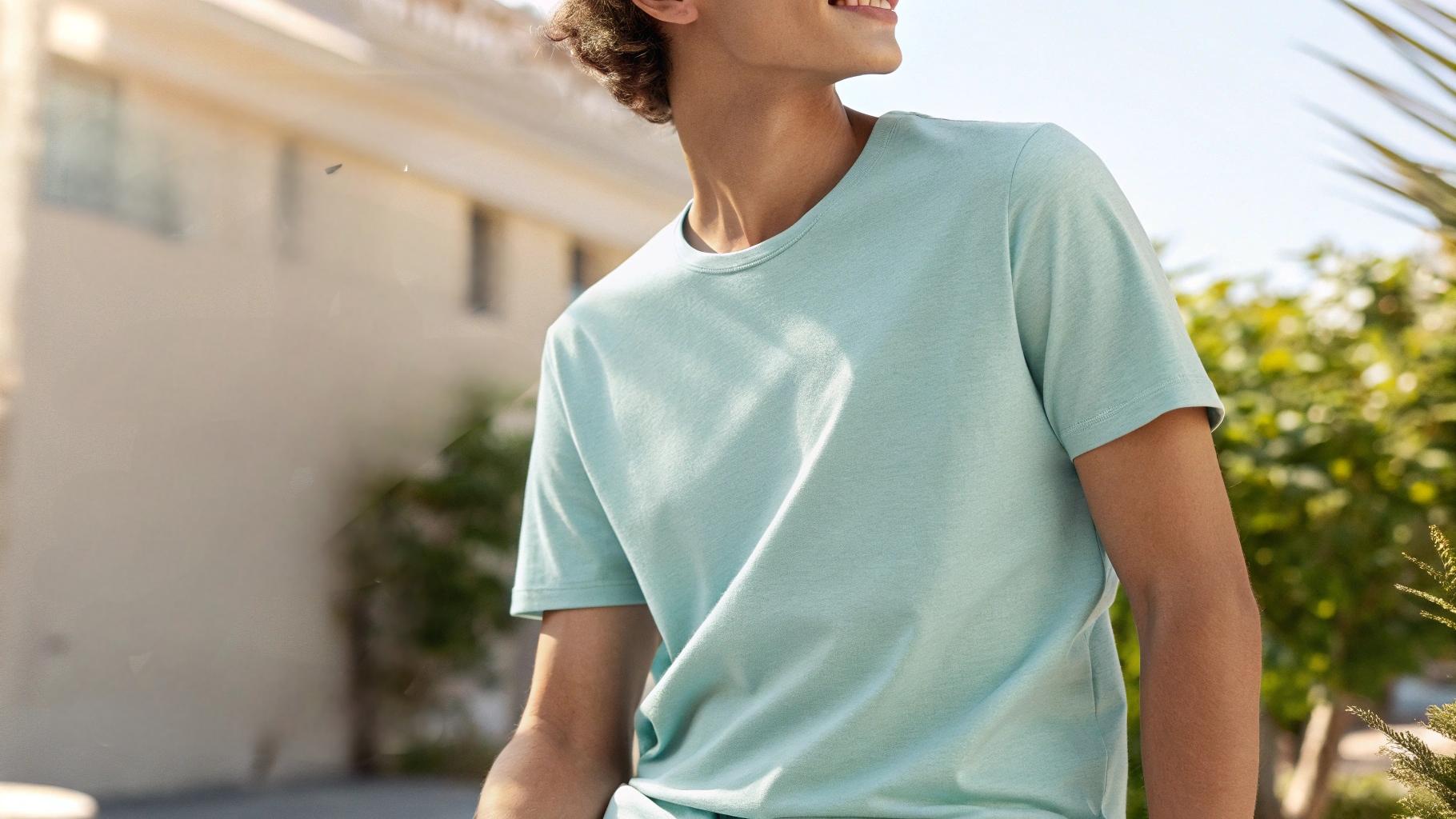 ustration of a person wearing a high-quality cotton T-shirt in a sunny, outdoor setting. The T-shirt showcases its softness, breathability, and comfortable fit, gently hugging the body to emphasize ease of wear. The person is relaxed, enjoying a warm day outdoors, with the cotton fabric providing cooling and absorbency. The background evokes a casual, summer atmosphere with natural lighting that highlights the texture and durability of the fabric, demonstrating its ability to retain shape after wear