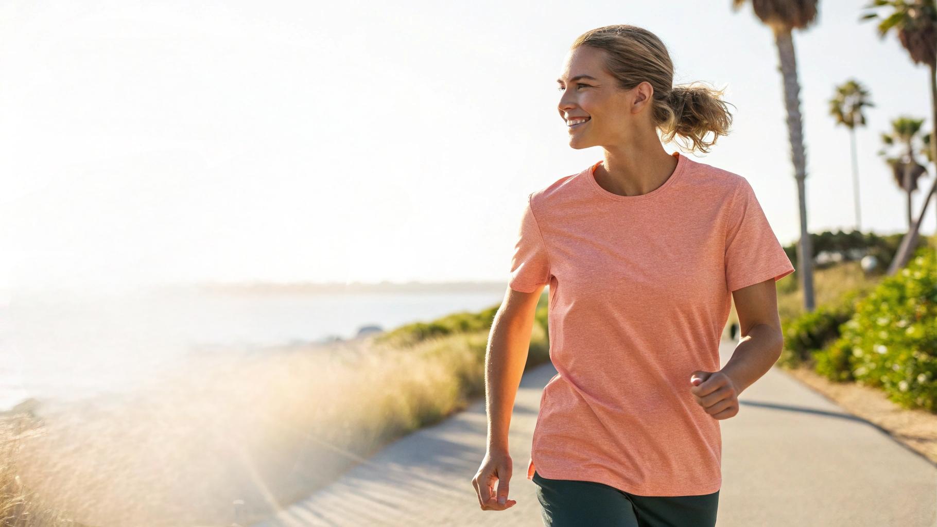  Illustration of a person wearing a cotton-polyester blend T-shirt while engaging in a casual outdoor activity, such as walking on a sunny day. The T-shirt combines the softness and breathability of cotton with the durability and moisture-wicking properties of polyester. The model appears comfortable and at ease, emphasizing the fabric’s versatility for everyday wear. The relaxed, sunlit background highlights the T-shirt’s color retention, wrinkle resistance, and long-lasting wear, subtly conveying its affordability and durability