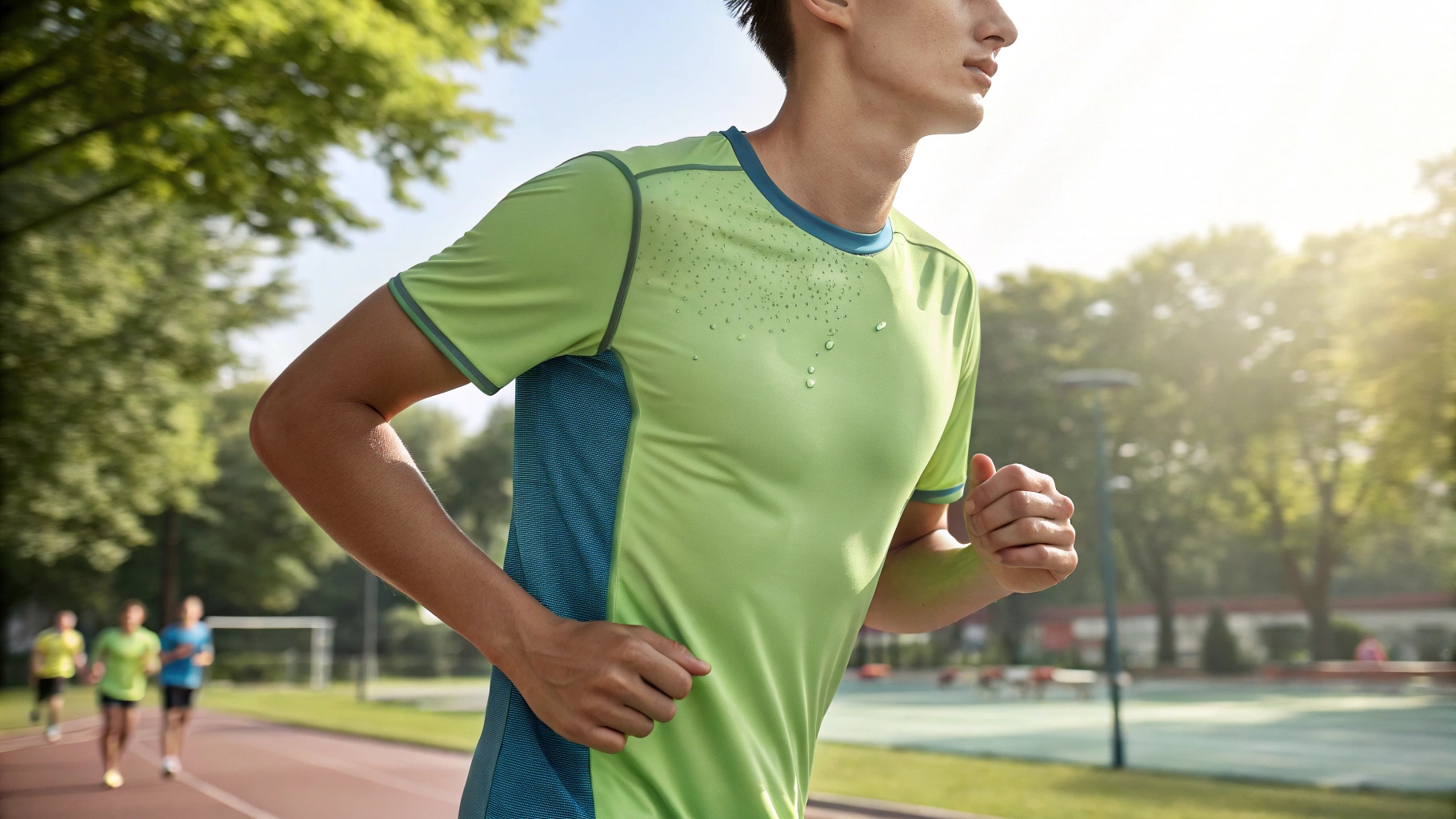 ustration of a person wearing a polyester T-shirt during an active outdoor activity, such as running or playing sports. The T-shirt showcases its durability and moisture-wicking properties, keeping the wearer dry and comfortable despite the physical activity. The fabric maintains its vibrant color and texture, emphasizing its resistance to wear. The background depicts a dynamic, active environment like a park or sports field, with bright, natural lighting highlighting the T-shirt's color retention and performance during high-intensity use