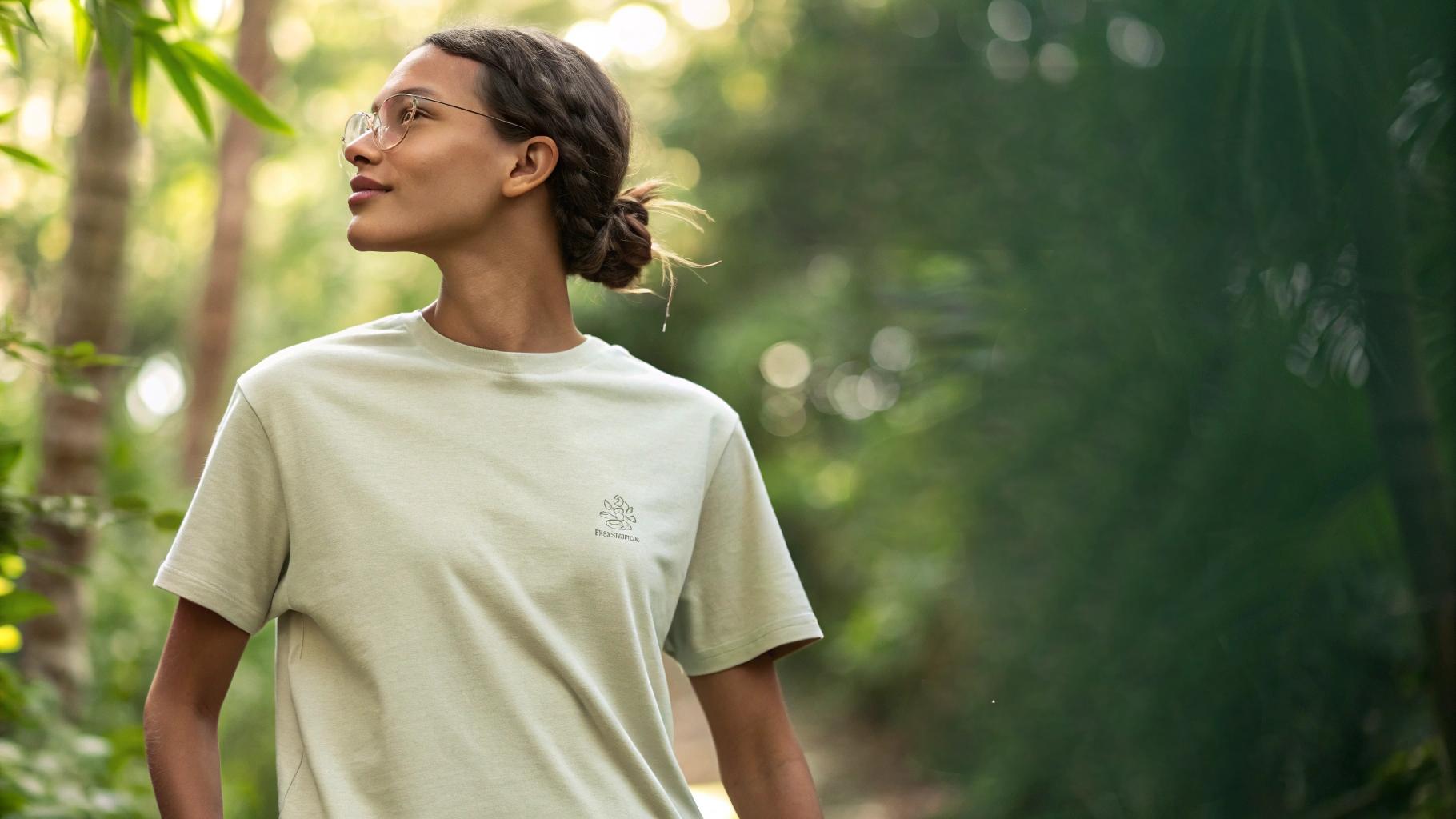  Illustration of a person wearing a sustainable T-shirt made from organic cotton, bamboo, hemp, or recycled fabrics, showcasing eco-friendly principles. The fabric appears soft, breathable, and natural. The model is positioned in a nature-inspired setting, such as a forest or eco-conscious outdoor environment, highlighting the sustainability of the material. The background features greenery and natural elements to reinforce the eco-friendly theme, with soft, natural lighting emphasizing the fabric’s texture and the model’s relaxed, sustainable lifestyle