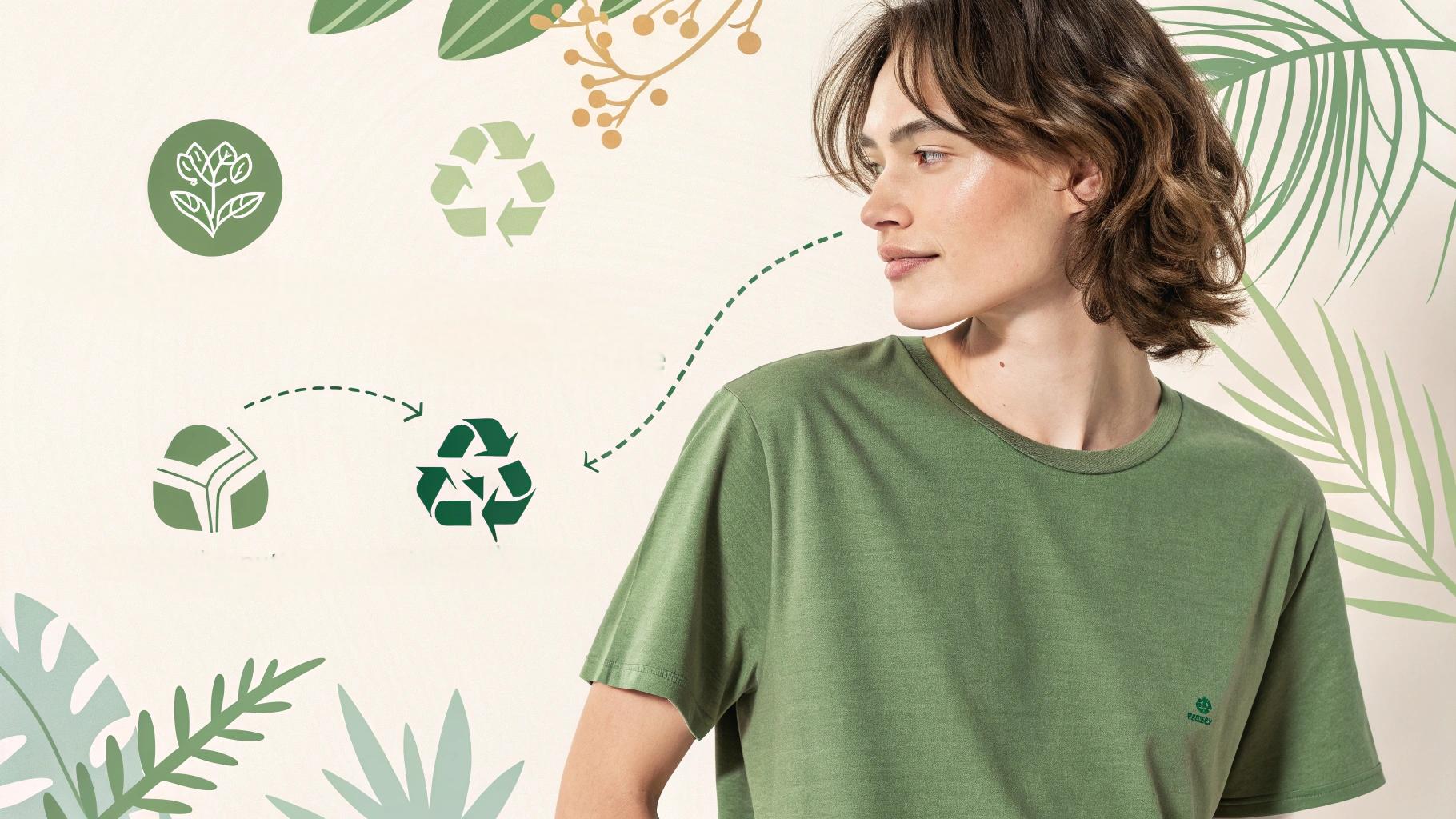 Illustration of a person wearing a sustainable T-shirt made from eco-friendly materials such as organic cotton, recycled polyester, or bamboo and hemp fabrics. The T-shirt's texture highlights its natural, soft feel, symbolizing the rise of sustainable fabrics in the fashion industry. The model is in an environmentally conscious setting, such as a nature reserve or sustainable fashion store, surrounded by elements like greenery, recycling symbols, and eco-conscious materials. Soft, natural lighting enhances the fabric’s quality and emphasizes the model’s connection to eco-friendly fashion