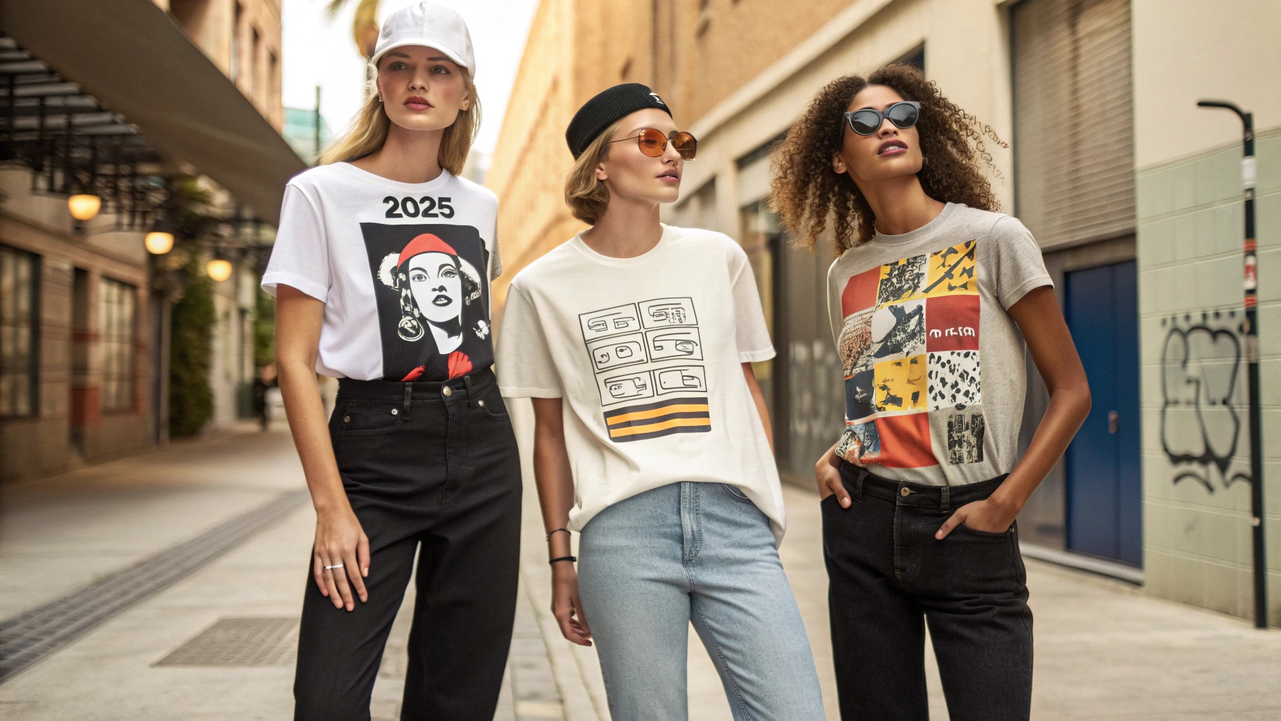Illustration of three models wearing different 2025 graphic T-shirt styles. One model sports a retro T-shirt with bold fonts, nostalgic logos, and imagery from past decades, representing streetwear and casual fashion. Another model wears a minimalist design with simple lines, shapes, and neutral colors for a clean, modern look. The third model showcases a pop culture-inspired T-shirt featuring graphics influenced by movies, music, or street art, catering to younger consumers. The scene takes place in a trendy urban environment, with natural lighting highlighting the vibrant colors and unique designs of the T-shirts