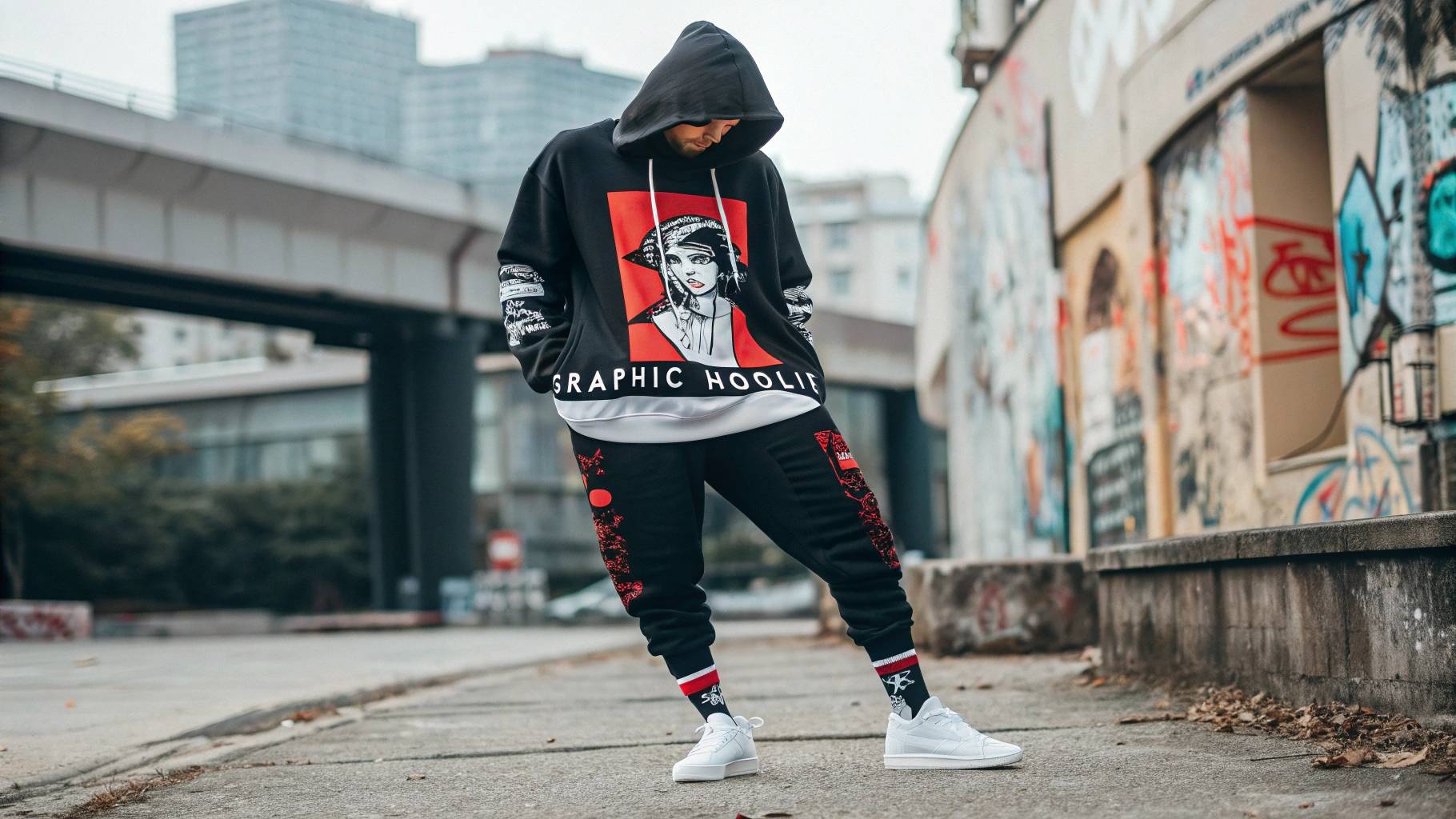 Cov duab hoodie nrog lub ntsej muag zoo nkauj, logos, lossis cov duab kos duab, styled nrog cov khoom loj, khau ntaub, thiab cov ris tsho hnav, teeb tawm tsam lub nroog backdrop ntawm graffiti, qhia txog kev hloov pauv ntawm cov khaub ncaws hauv kev niaj hnub.