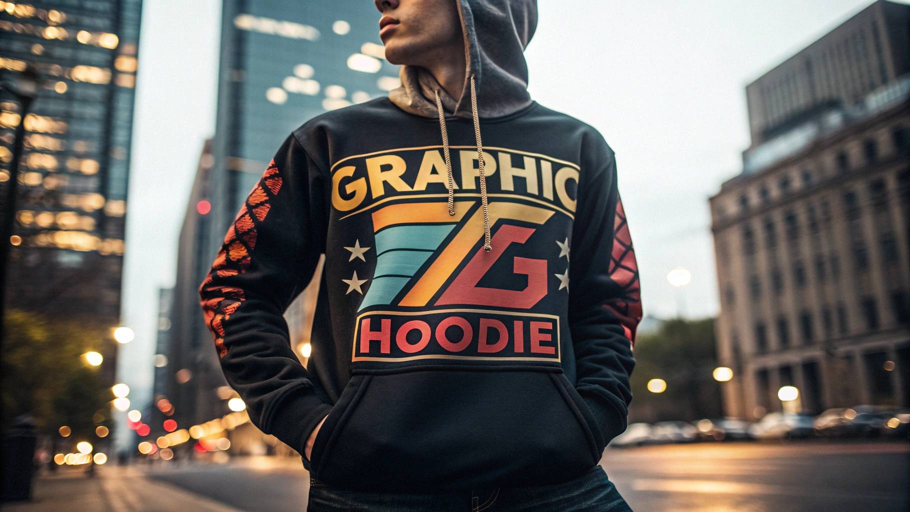 Cov duab hoodie nrog lub logo loj, qhov muag pom thiab cov xim zoo nkauj, hnav los ntawm ib tus neeg hauv qhov chaw hauv nroog, nthuav tawm cov ntawv sau siab tawv thiab muaj lub ntsej muag zoo nkauj, ntseeg siab.