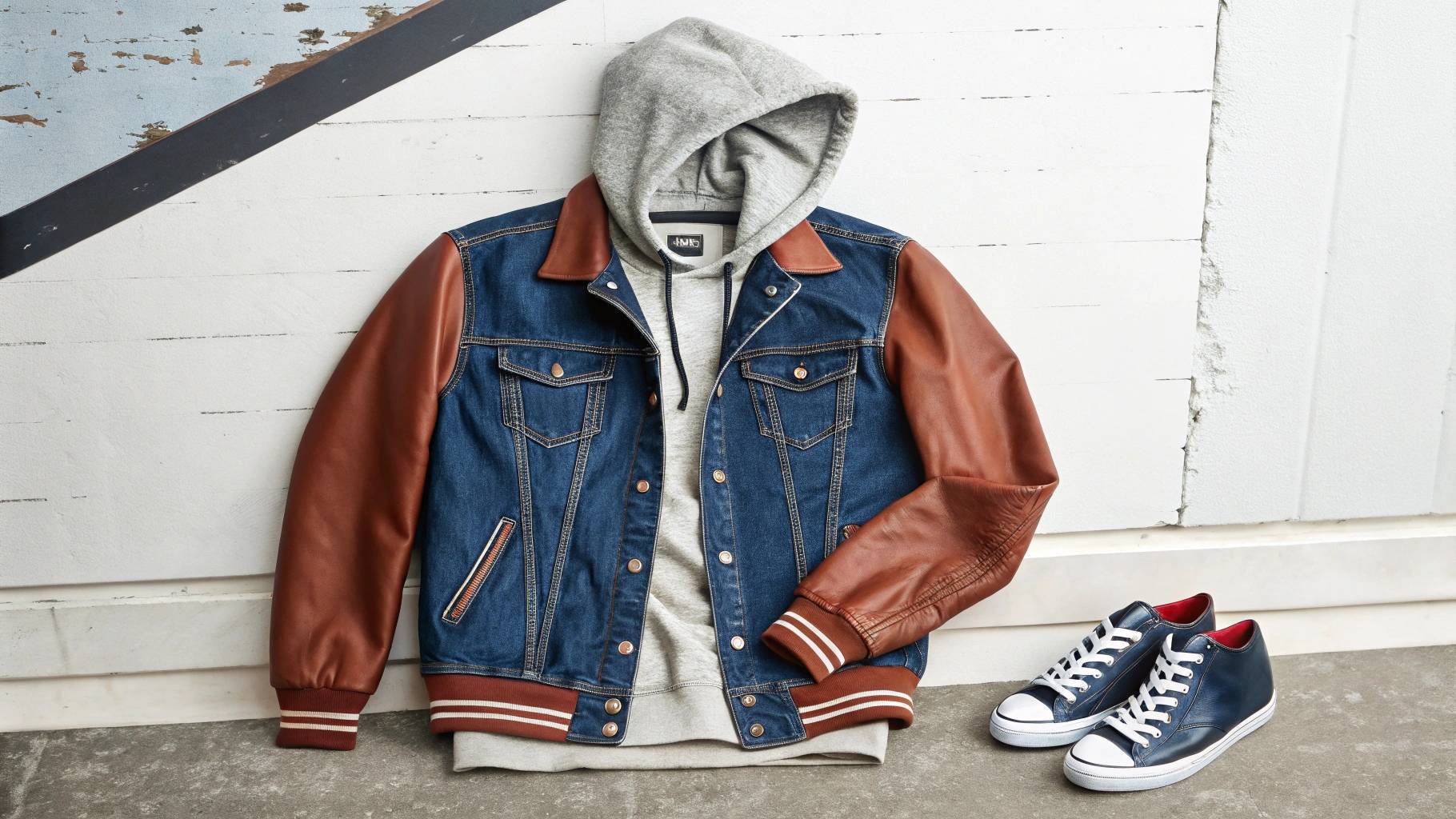 Stylish hoodie layered under a classic denim jacket and bomber jacket, showcasing a casual, modern street style with a focus on versatility and urban fashion.