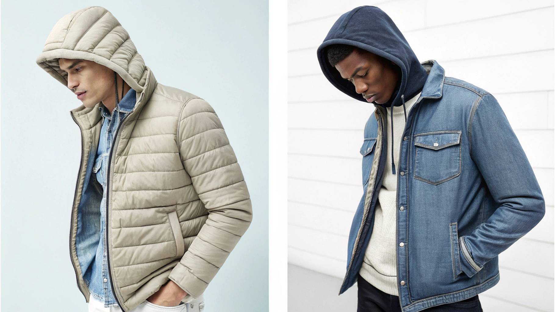 Hoodie layered with a puffer jacket for winter warmth and with a denim jacket for summer evenings, showcasing versatile layering techniques for different seasons.
