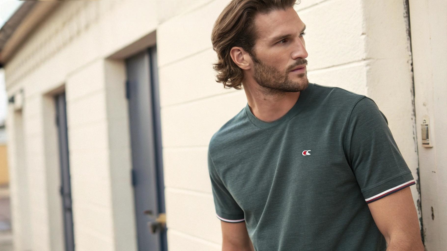 Close-up and full-body shots of Champion Heritage T-shirts featuring thick 7 oz cotton fabric, visible double-stitched hems, and a relaxed fit. The images highlight the heavyweight texture and durability, with tags reading “100% cotton” and “heavyweight quality,” all captured in soft natural lighting to emphasize the premium feel