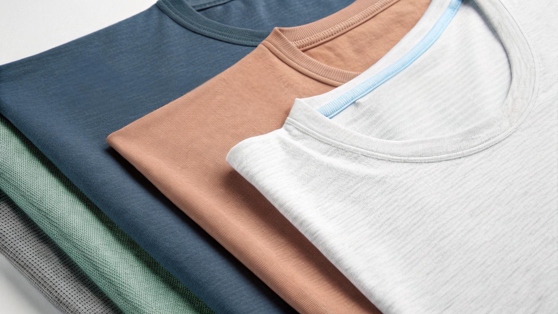 Close-up of photochromic T-shirt materials showing cotton, polyester, and nylon fabrics treated with photochromic chemicals. Fabric swatches display the softness of cotton and the durability of polyester, with specialized photochromic dyes embedded in the fabric. A subtle change in fabric color occurs when exposed to UV light, with care labels showing instructions for longevity. The modern textile studio setting highlights material innovation and durability