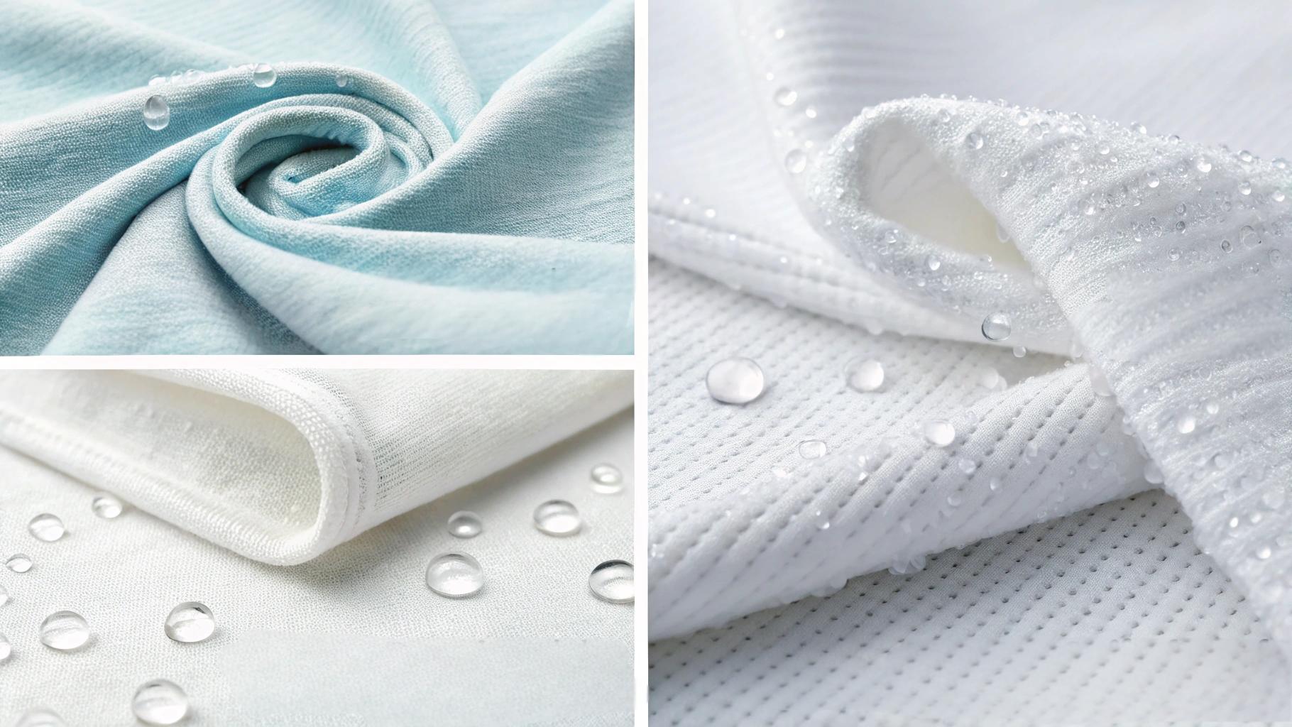 Close-up visuals of soft cotton T-shirts showing breathable airy fabric structure, water droplets being absorbed into natural cotton fibers, combed and ring-spun textures on sensitive skin, cozy and gentle touch compared to synthetic materials, displayed in a bright clean textile studio with a focus on comfort, softness, and moisture-wicking performance