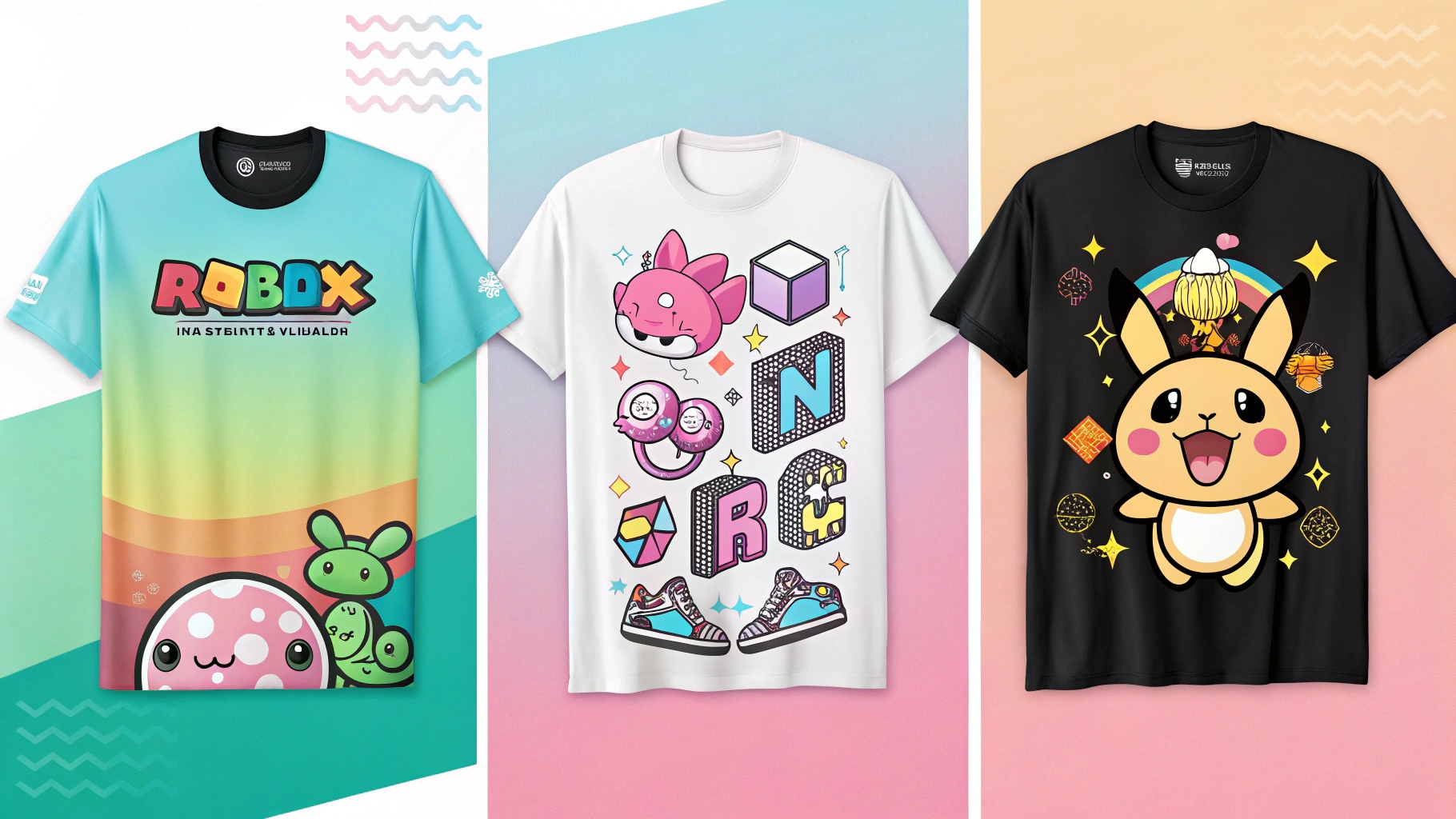 Digital collage showcasing popular Roblox avatar T-shirt designs in 2025: includes Y2K, vaporwave, and cybercore styles with neon gradients, pixel fonts, and chrome symbols; minimalist streetwear with sans-serif logos and earth-toned colors; kawaii and pastelcore fashion with cartoon animals, soft pastel hues, and playful icons. Bright, stylized layout representing digital fashion trends with high contrast and clean design.