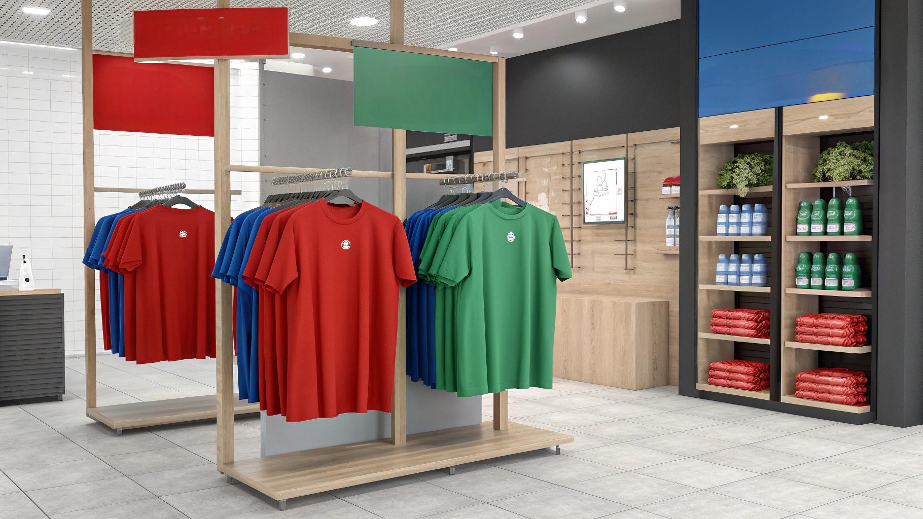 Visual showcase of color psychology in consumer behavior with T-shirts in red, blue, and green displayed to evoke emotions like passion, calm, and sustainability. Red T-shirt symbolizes energy and excitement, blue T-shirt represents calmness and trustworthiness, and green T-shirt reflects eco-friendliness and sustainability. Subtle branding elements, like the logos of Coca-Cola and Facebook, are integrated, illustrating how colors influence marketing and consumer reactions in a modern retail and marketing setting