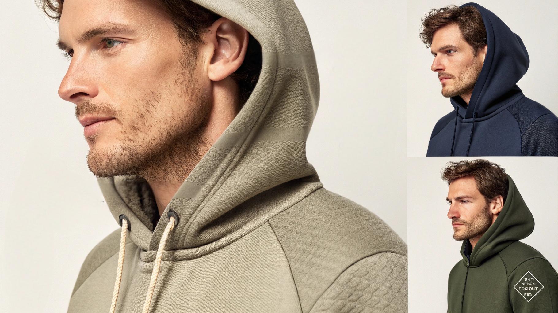 A designer hoodie made from premium fabrics like organic cotton, cashmere blends, and technical materials. Close-up shots emphasize the fabric's superior texture, feel, and durability. Labels or tags indicate the use of ethically sourced and sustainable materials. The scene conveys the luxurious quality and meticulous attention to detail in the hoodie’s construction, reflecting the high cost of these premium, sustainable materials.