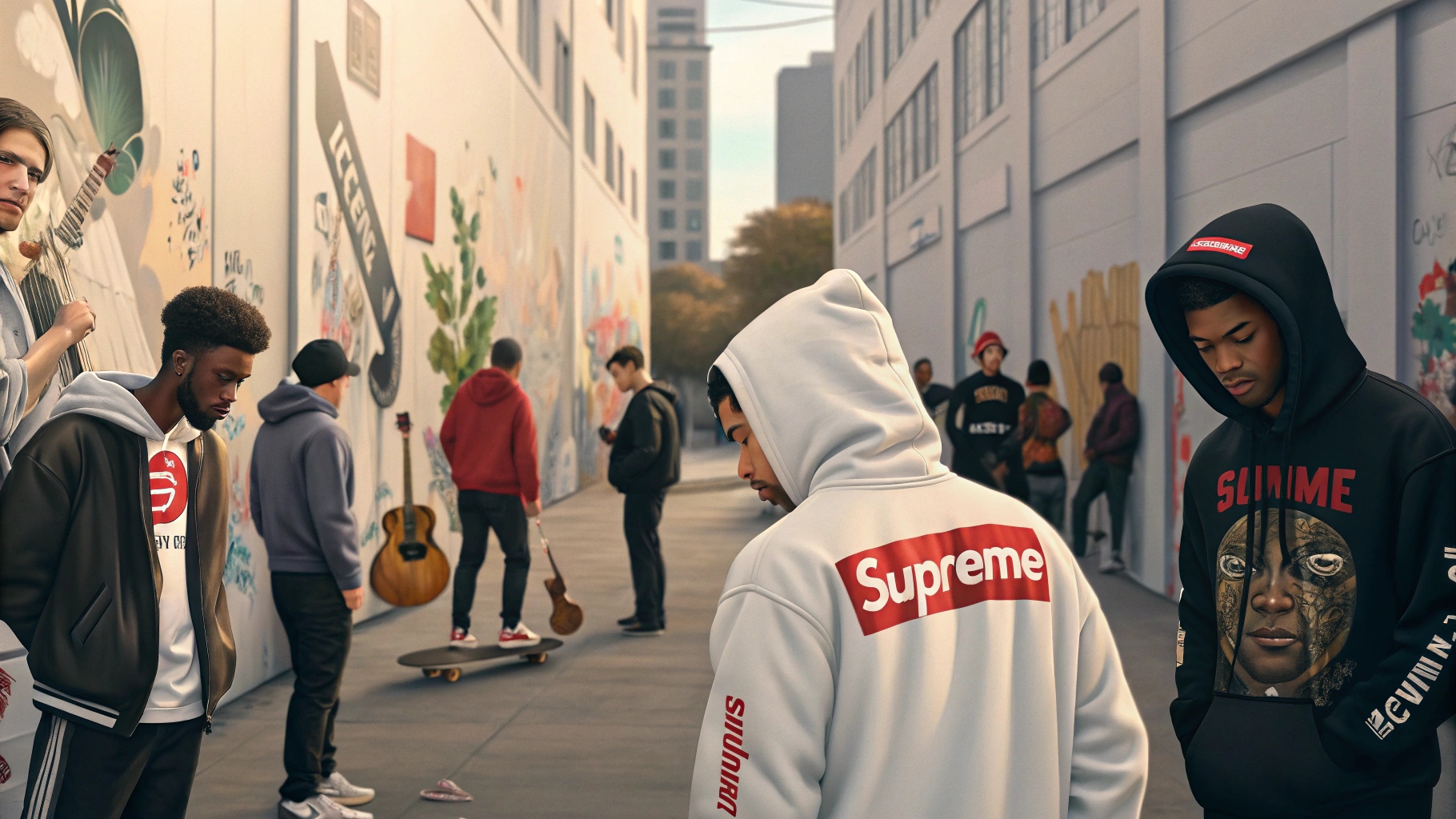 A diverse group of individuals wearing Supreme hoodies in an urban setting, representing different backgrounds like skateboarders, musicians, and celebrities. The scene reflects the global reach of Supreme and its influence on streetwear culture, with subtle elements of music, skateboarding, and art integrated into the environment. The Supreme hoodie stands out as a trendsetting piece, influencing both fashion and lifestyle in a modern, global context.