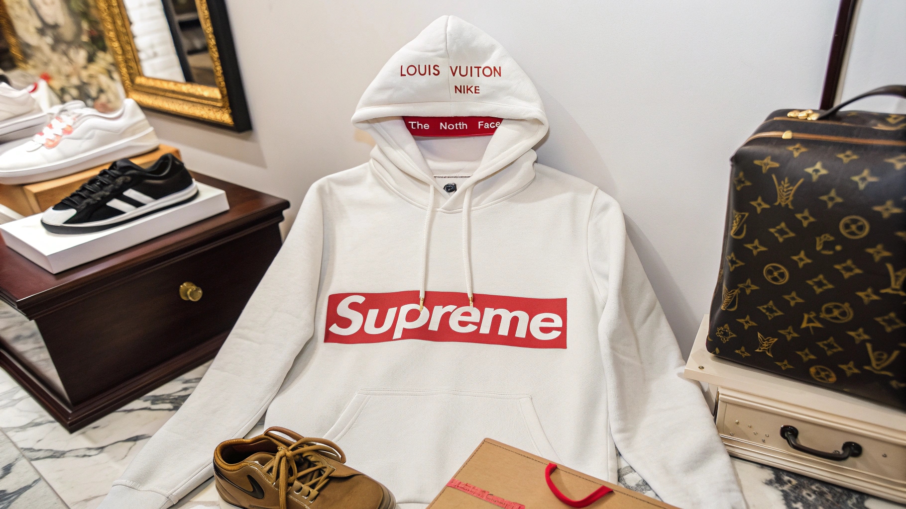 A Supreme hoodie displayed alongside exclusive items from major collaborations with brands like Louis Vuitton, Nike, and The North Face. The hoodie is featured in a high-fashion setting, with a backdrop of limited-edition releases and a sense of exclusivity. The image emphasizes the rarity and hype surrounding Supreme by showcasing the Supreme logo, exclusive packaging, and highlighting the cultural significance and loyal following of the brand.