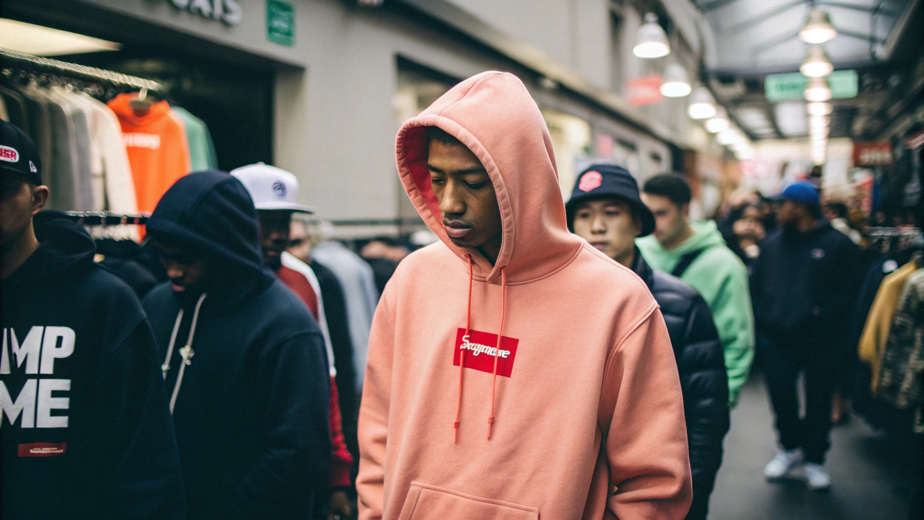 A Supreme hoodie in a streetwear setting, surrounded by individuals exuding confidence and loyalty to the brand. The models wear Supreme hoodies as symbols of status, with subtle visual cues of exclusivity, such as a limited-edition tag and rare collaboration items in the background. A resale marketplace shows Supreme items being sold at a premium, highlighting the high resale value and investment potential. The scene reflects streetwear culture and the elevated status of owning a Supreme hoodie.