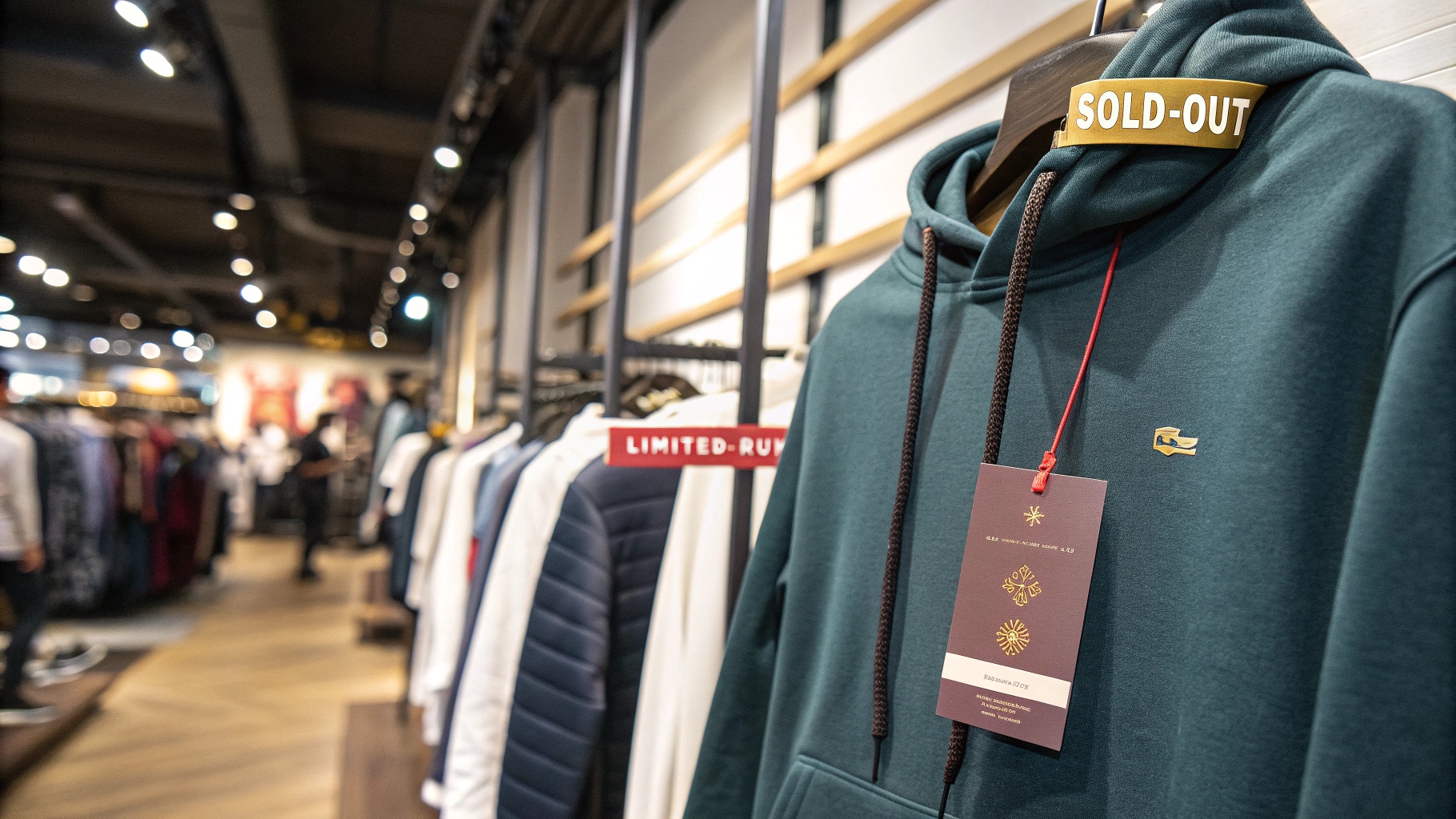 A limited-edition designer hoodie in a high-end boutique with a visible 'limited-run' tag, emphasizing its rarity. A model or consumer eagerly purchases or eyes the hoodie, reflecting the sense of urgency. In the background, a resale market shows the same hoodie being sold at a higher price, highlighting how scarcity and demand drive up resale value. Subtle elements like 'sold-out' signs and collectors negotiating prices convey how limited editions influence consumer desire and the resale market.