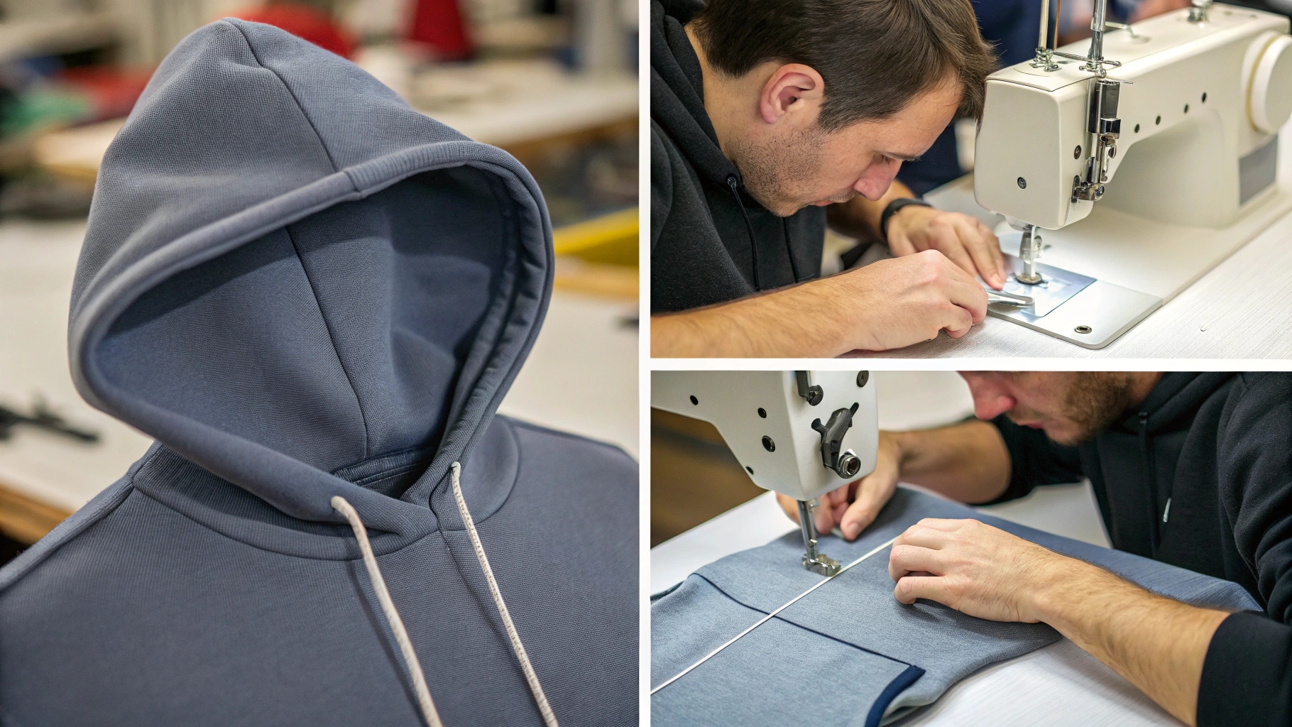 A designer hoodie being meticulously crafted in a small-scale production setting. Close-up shots show skilled workers stitching the hoodie, adding finishing touches, and ensuring high-quality craftsmanship. The scene emphasizes the artisanal aspects of the hoodie’s production, with workers manually assembling the garment, highlighting the slower, more careful process of creating a high-end item compared to mass-produced alternatives.