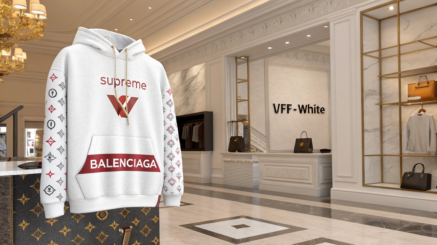 A designer hoodie from a well-known luxury brand like Supreme, Balenciaga, or Off-White, displayed in a high-end retail setting. The hoodie features visible branding elements such as logos or unique design details that emphasize the brand's reputation. Limited-edition tags and hints of a VIP shopping experience suggest exclusivity, reflecting the high demand and value of these brands. The scene subtly conveys consumer admiration and desire for rare, sought-after items.
