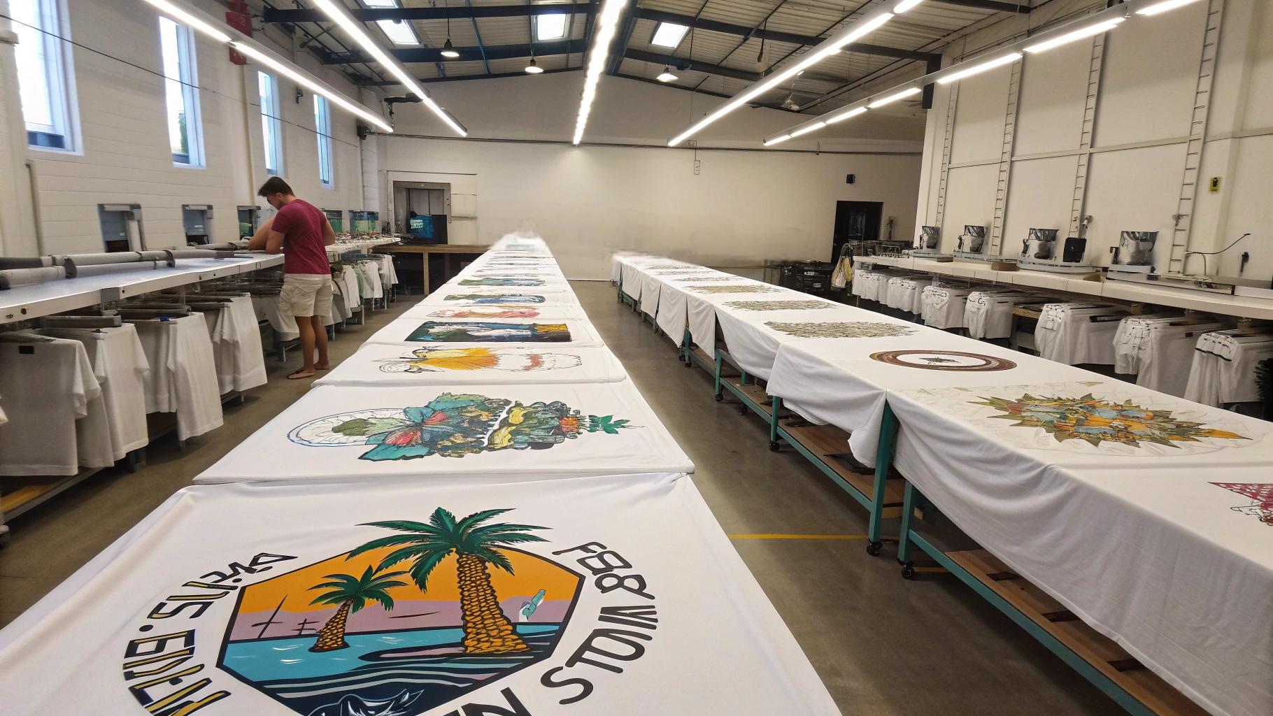 Custom oversized T-shirts laid out flat in a design studio, highlighting large front and back print areas with expressive graphics, slogans, and logos, alongside designers sketching or screen-printing on wide fabric surfaces, with racks of one-size-fits-all tees in a vibrant, minimalist startup fashion workspace
