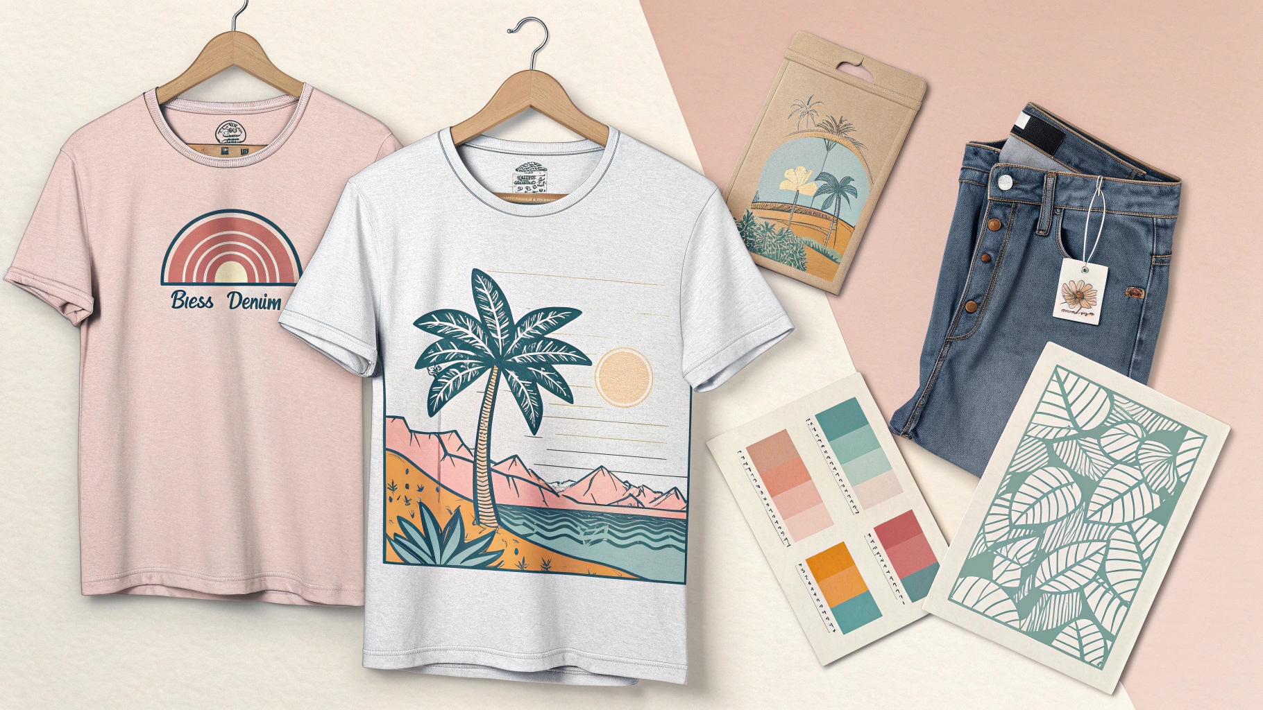 Custom summer T-shirt design studio scene with clients selecting breathable fabric blends, pastel colors, and relaxed fits. Personalized graphics and logos are printed on light-colored tees. Fabric swatches, color charts, and eco-friendly packaging from Bless Denim are displayed. Tailors adjust custom necklines and cuts, combining function and style for hot weather fashion in a premium and creative workspace