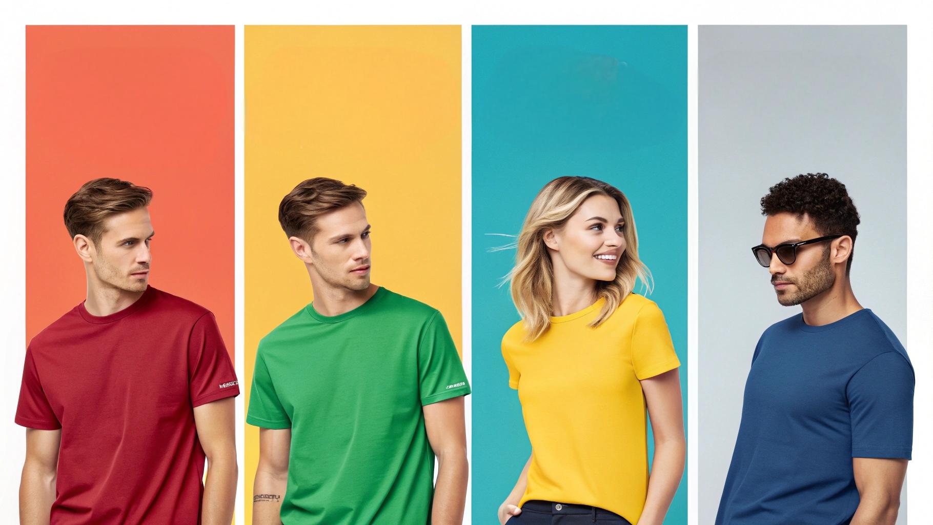 Custom T-shirt color branding showcase featuring diverse T-shirts in unique brand colors, including corporate shades and personalized tones. Models wearing the T-shirts represent different target audiences, with vibrant colors appealing to younger, trendier demographics and neutral tones for a more mature crowd. The clean, professional retail background highlights how custom colors help set brands apart in the market, emphasizing a modern and engaging brand identity