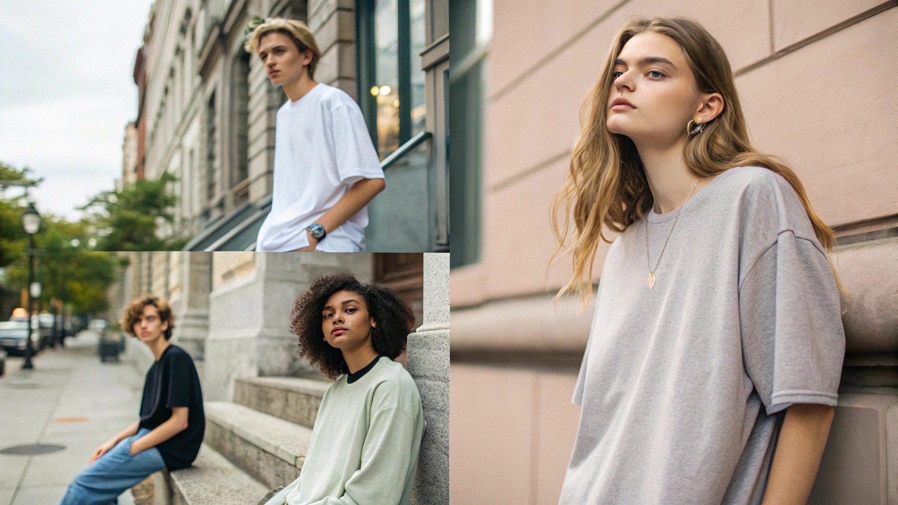 Diverse group of young people wearing oversized T-shirts in casual environments like lounging at home, walking in the city, and relaxing in nature, highlighting gender-neutral fashion with soft breathable fabrics, loose silhouettes, and a confident, body-positive Gen Z vibe captured in minimal, relaxed lifestyle photography