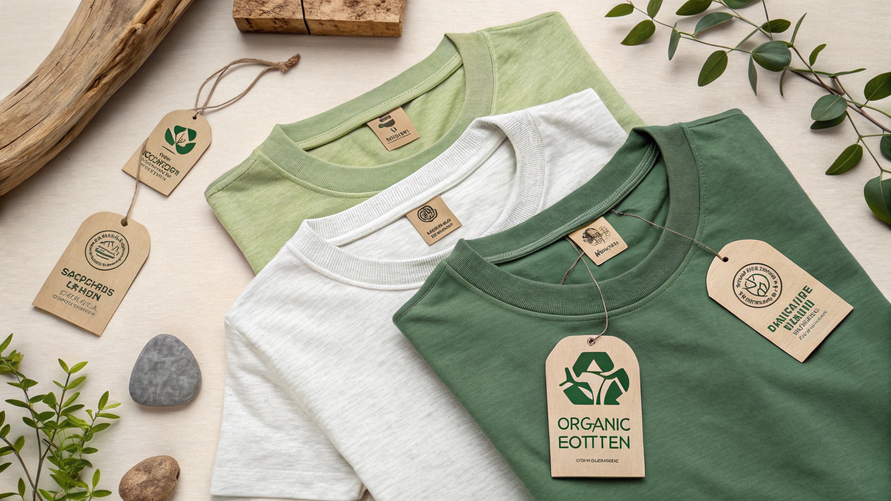 Flat lay of sustainable T-shirts made from recycled materials, organic cotton, and hemp fabrics, featuring eco-friendly brand tags and labels. The T-shirts are set on a minimalist background with natural textures, with soft lighting highlighting fabric quality and eco-conscious designs. The image emphasizes ethical manufacturing practices, showcasing a modern, green-conscious fashion aesthetic.