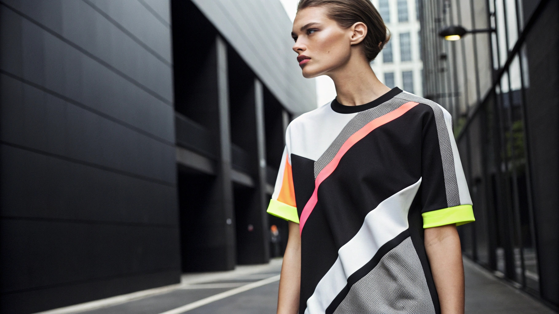 Fashion-forward model wearing a Balenciaga logo T-shirt with a bold oversized logo on the chest, featuring a minimalistic design and subtle embossed print or 3D effect. Styled in a futuristic urban backdrop, the shirt highlights high-quality fabric texture and experimental font design or color contrast. Soft lighting enhances the cutting-edge fashion vibe, showcasing a modern streetwear aesthetic.
