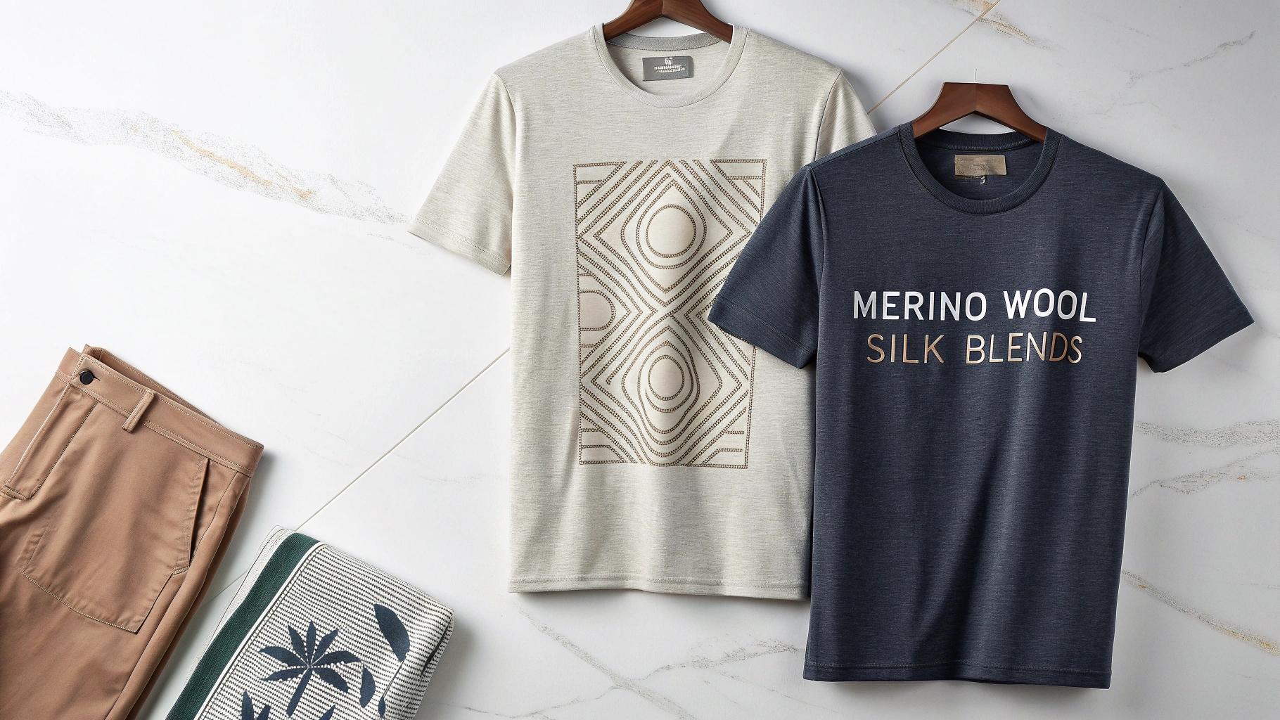 Flat lay of a luxury T-shirt featuring high-end materials like organic cotton, merino wool, and silk blends. The T-shirt showcases exclusive designs with bold graphics or embossed logos, placed against a minimalist background. Soft lighting emphasizes the fabric texture, craftsmanship, and premium quality, highlighting the modern fashion-forward aesthetic.