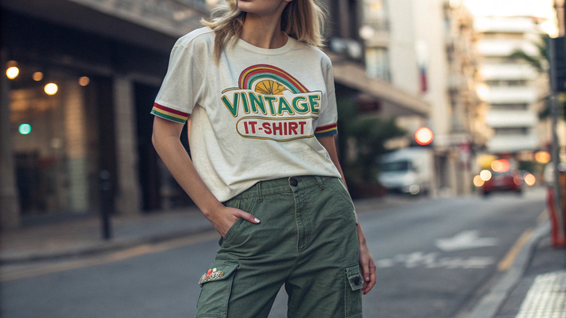 Model wearing a vintage T-shirt with retro graphics, featuring a faded band logo or old-school pop culture reference, paired with high-waisted jeans and cargo pants. The look is casual streetwear with added customization like patches or embroidery. Set against an urban backdrop with street influence, soft lighting highlights the worn-in fabric and relaxed fit, capturing a nostalgic yet modern vibe.