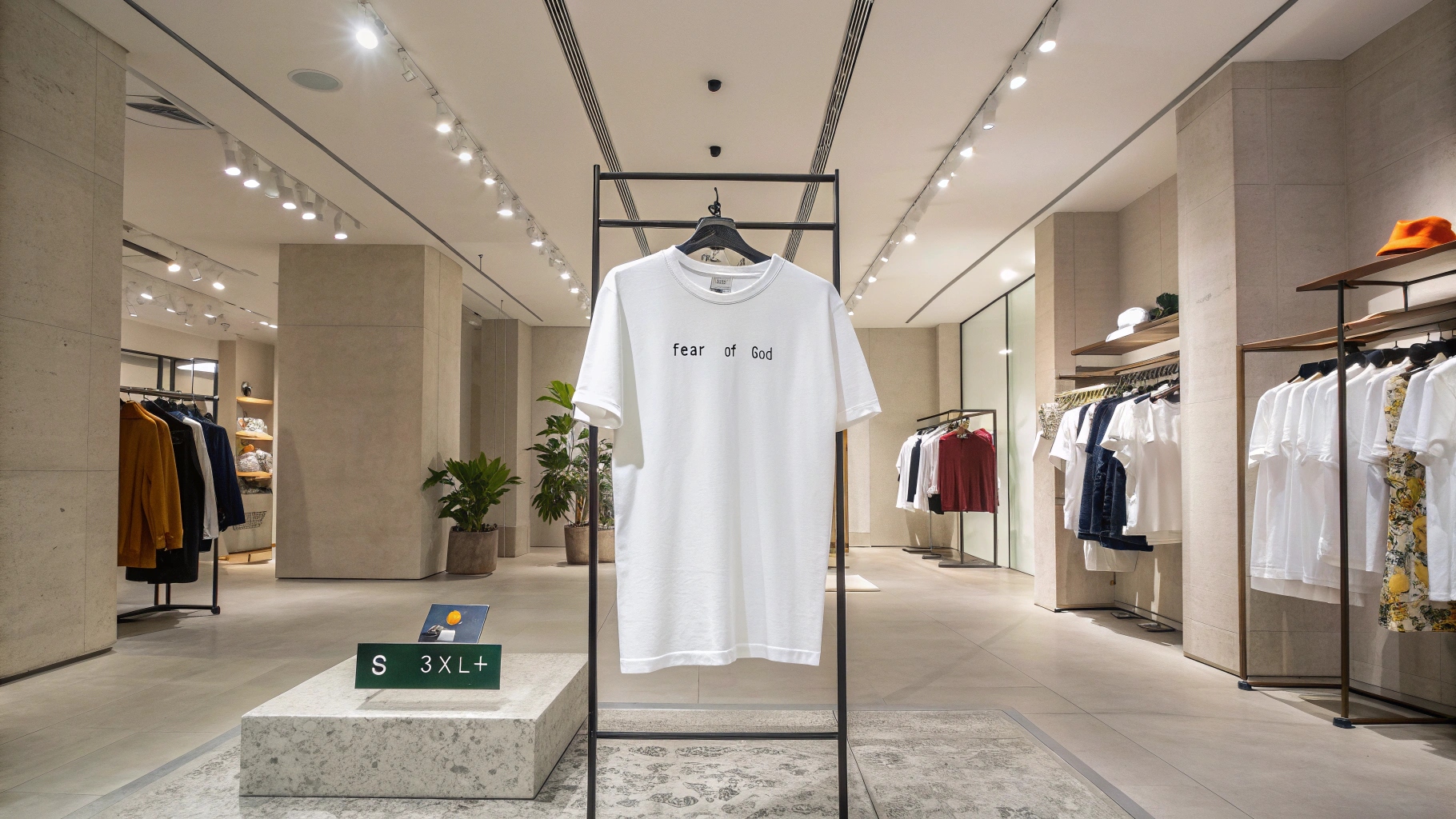 Modern oversized T-shirt fashion display featuring heavyweight organic cotton fabric with visible texture, full-front artistic graphics and embroidery, premium streetwear styling inspired by brands like Fear of God, inclusive sizing from S to 3XL+ shown on tags, set against a minimalist retail backdrop with a stylish urban lookbook aesthetic and high-quality textile and print details